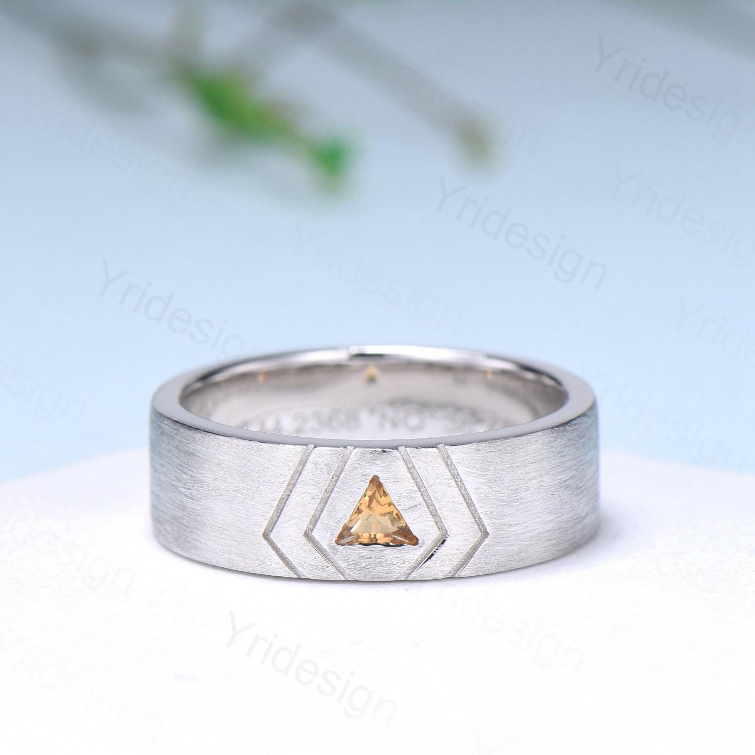 6mm Men's Citrine Wedding Ring - Trillion Cut Solitaire Band in Brushed Silver or White Gold - Unique Anniversary Gift for Him - Perfect for Engagements, Weddings & Special Occasions