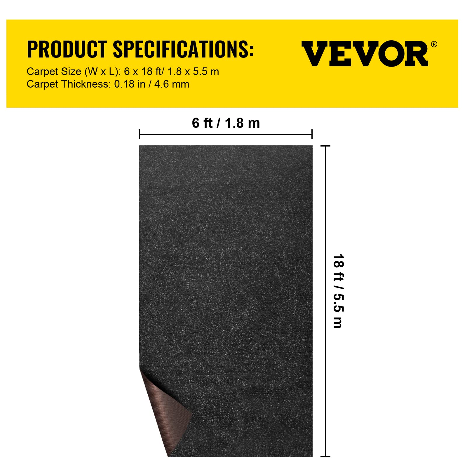 Happybuy 6 ft x 18 ft Marine Boat Carpet - Waterproof Black Indoor/Outdoor Carpet with Anti-Slip Backing, Marine Grade Deck Rug for Boats, RV, Patio - Easy to Clean & Cuttable for Custom Fit