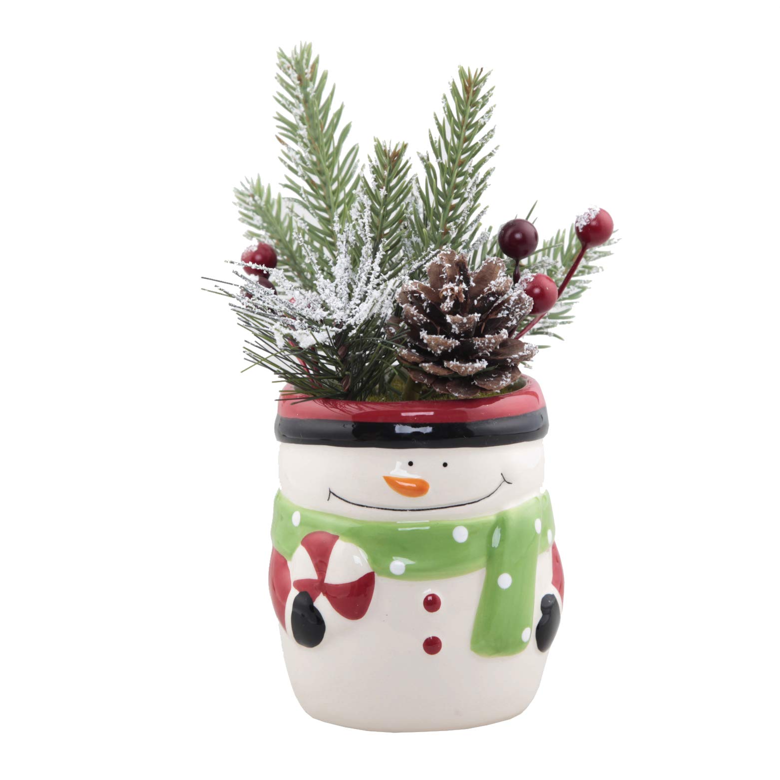 Flora Bunda Artificial Christmas Plants Set in Ceramic Snowman Pot - Festive Holiday Home & Office Decor for Winter, Xmas Party, and Seasonal Table Centerpiece