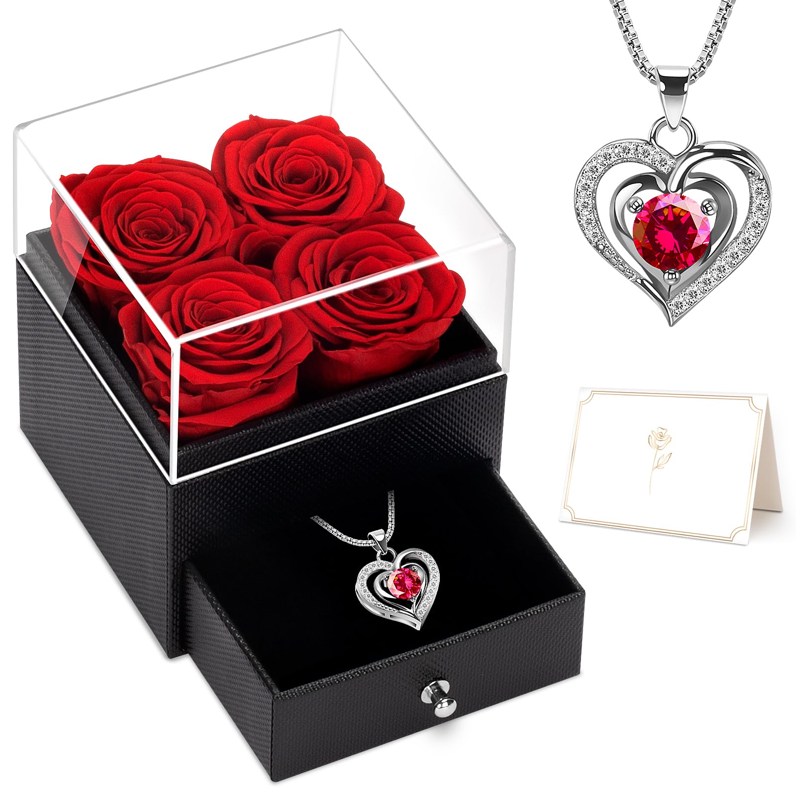 4 Eternal Roses in Glass Box with Necklace - Preserved Red Roses Jewelry Gift Set for Women, Valentines Day, Birthday, Anniversary - Romantic Gift for Her, Girlfriend, Wife, Mom - Perfect for Home Decor, Wedding Centerpiece, and Special Occasion Gifts