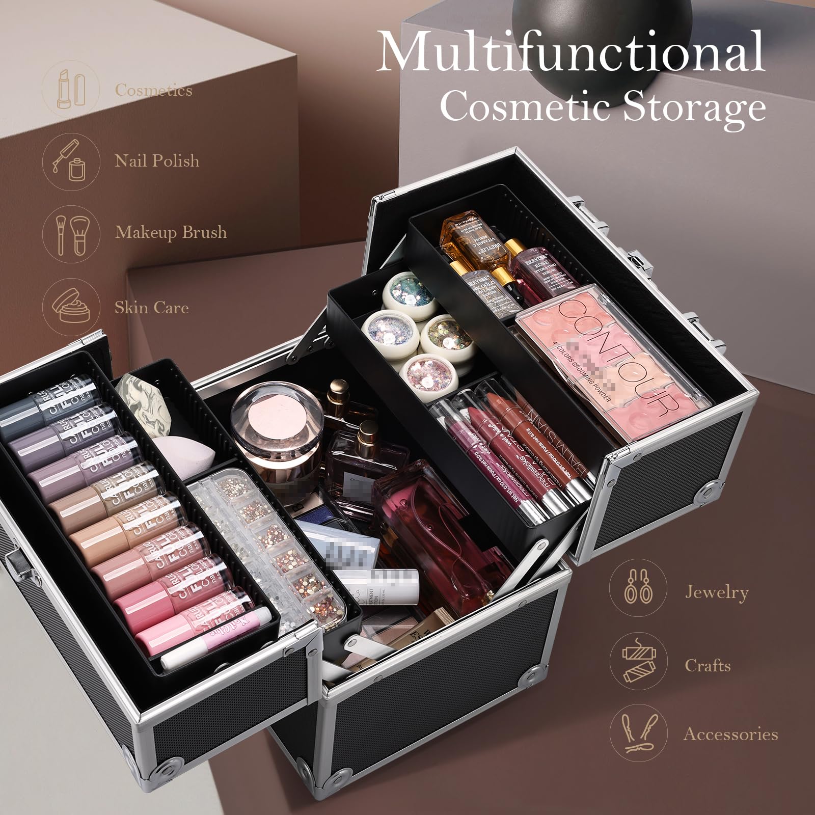 Professional Makeup Train Case - Lockable Cosmetic Organizer with 4 Adjustable Trays & Dividers | Portable Travel Makeup Storage Box for Makeup Artists, Crafters & Cosmetics | Perfect for Salon, Home Use & On-the-Go Beauty (Black)