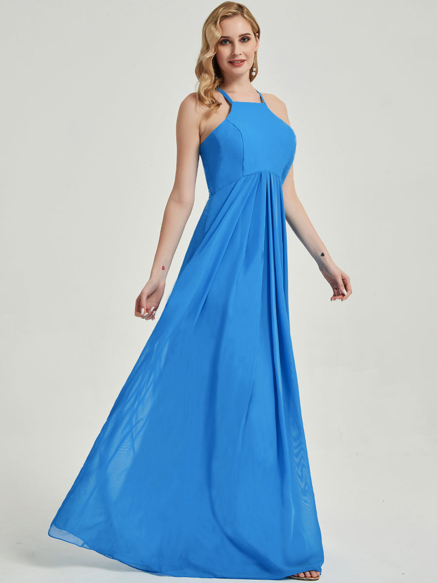 Elegant Blush Halter Neck Empire Waist Pleated Open Back Chiffon Bridesmaid Dress - Perfect for Weddings, Formal Events & Special Occasions