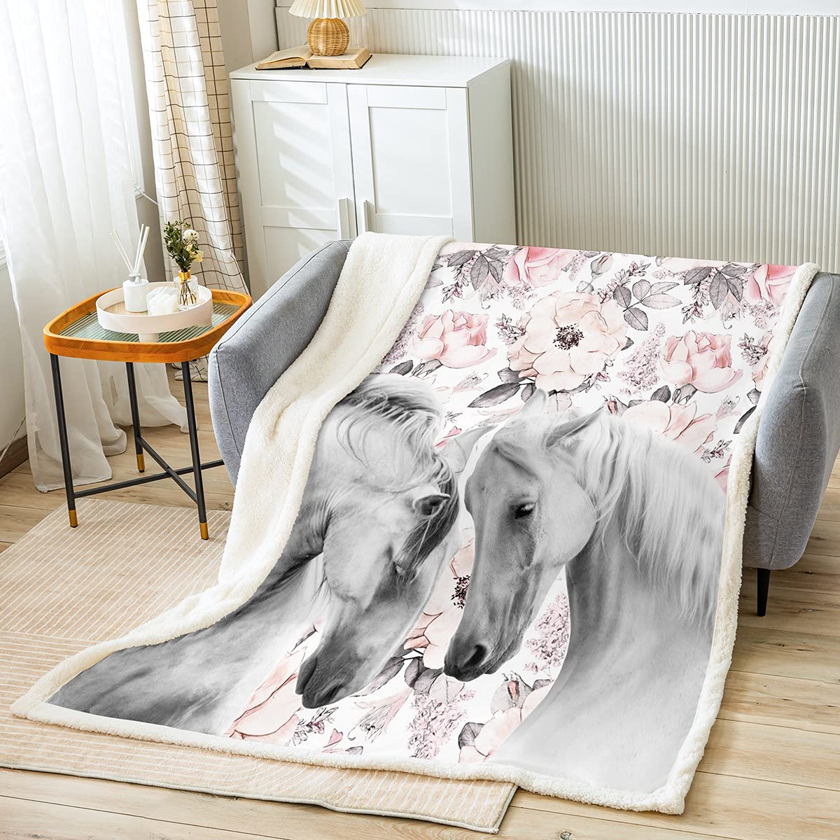 Pink Pony Blossom Sherpa Fleece Blanket - Soft Fuzzy Horse Print Throw for Kids, Teens & Adults - 30