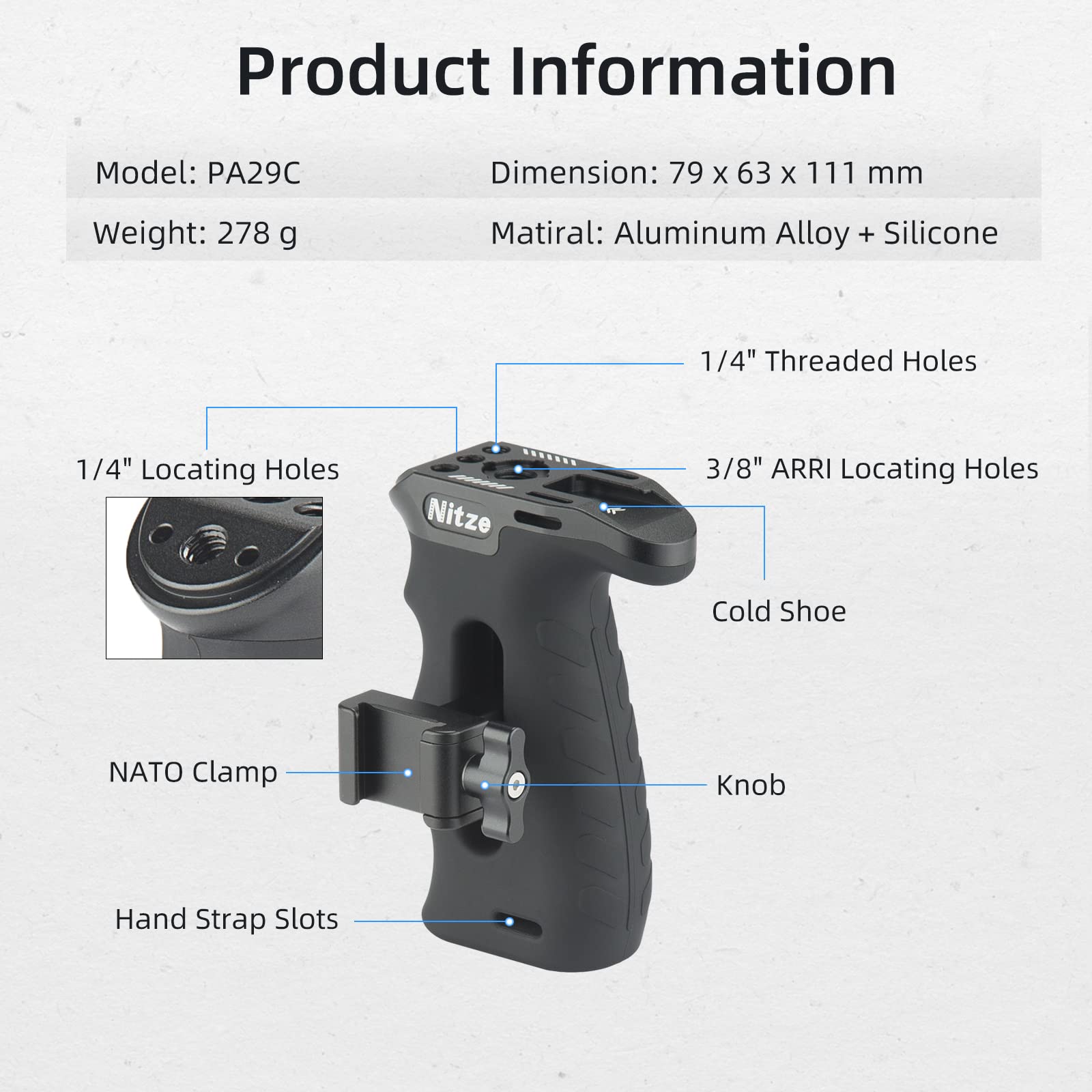 Ergonomic NATO Side Handle with Adjustable Up/Down & Left/Right Positioning - Rubberized Aluminum Camera Grip for DSLR/Mirrorless Cameras & Monitor Cages - Perfect for Vlogging, Filmmaking & Studio Photography - PA29C