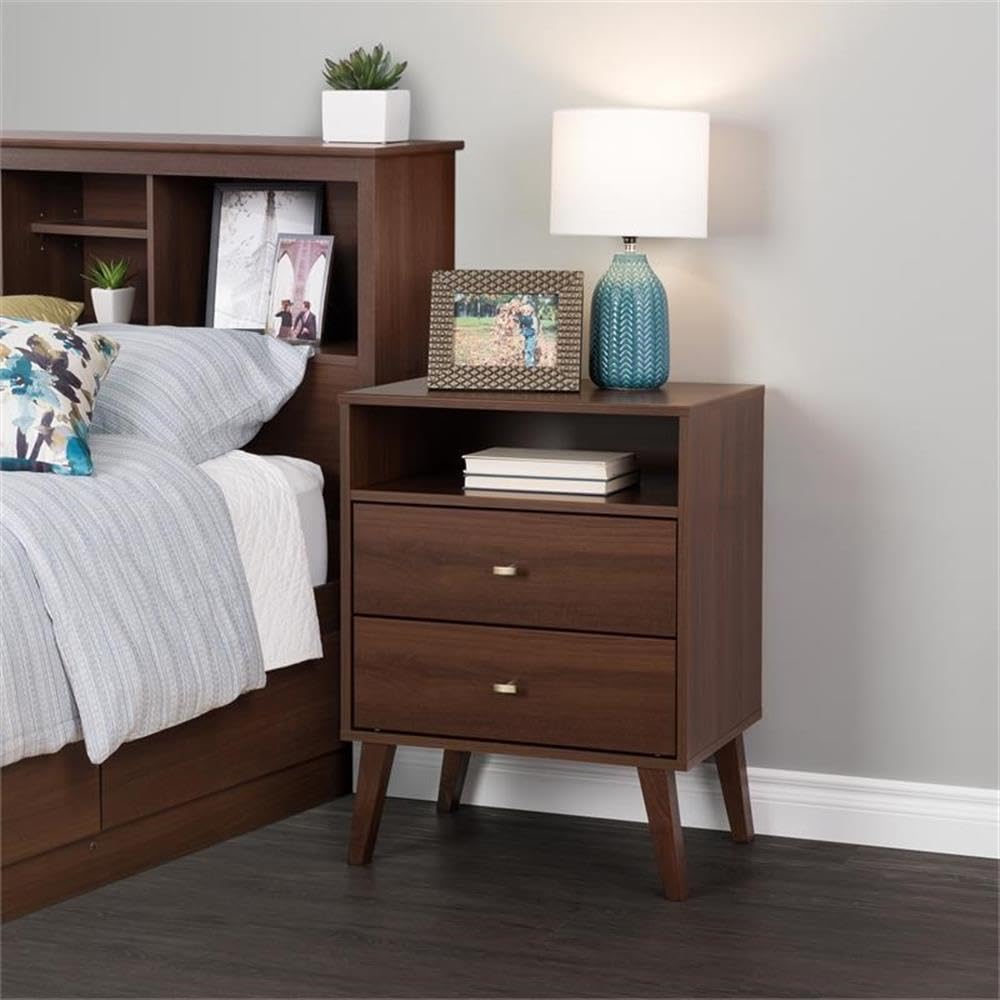 Mid Century Modern Nightstand with 2 Drawers & Open Shelf - Cherry Wood Bedside Table for Bedroom, Living Room & Guest Room