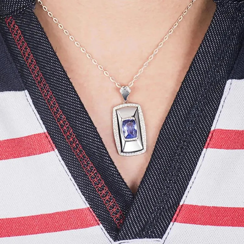 18K White Gold Men's Tanzanite Diamond Pendant Necklace - 7x10mm Cushion Cut Natural Gemstone Jewelry Gift for Husband, Boyfriend, Anniversary & Special Occasions