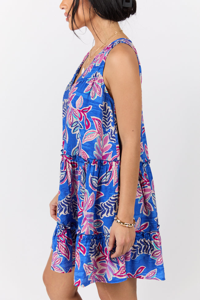 Loose Fit Blue Floral Print Tank Shirt Dress for Women - Summer Beach Cover Up, Casual Outfit & Boho Style Dress