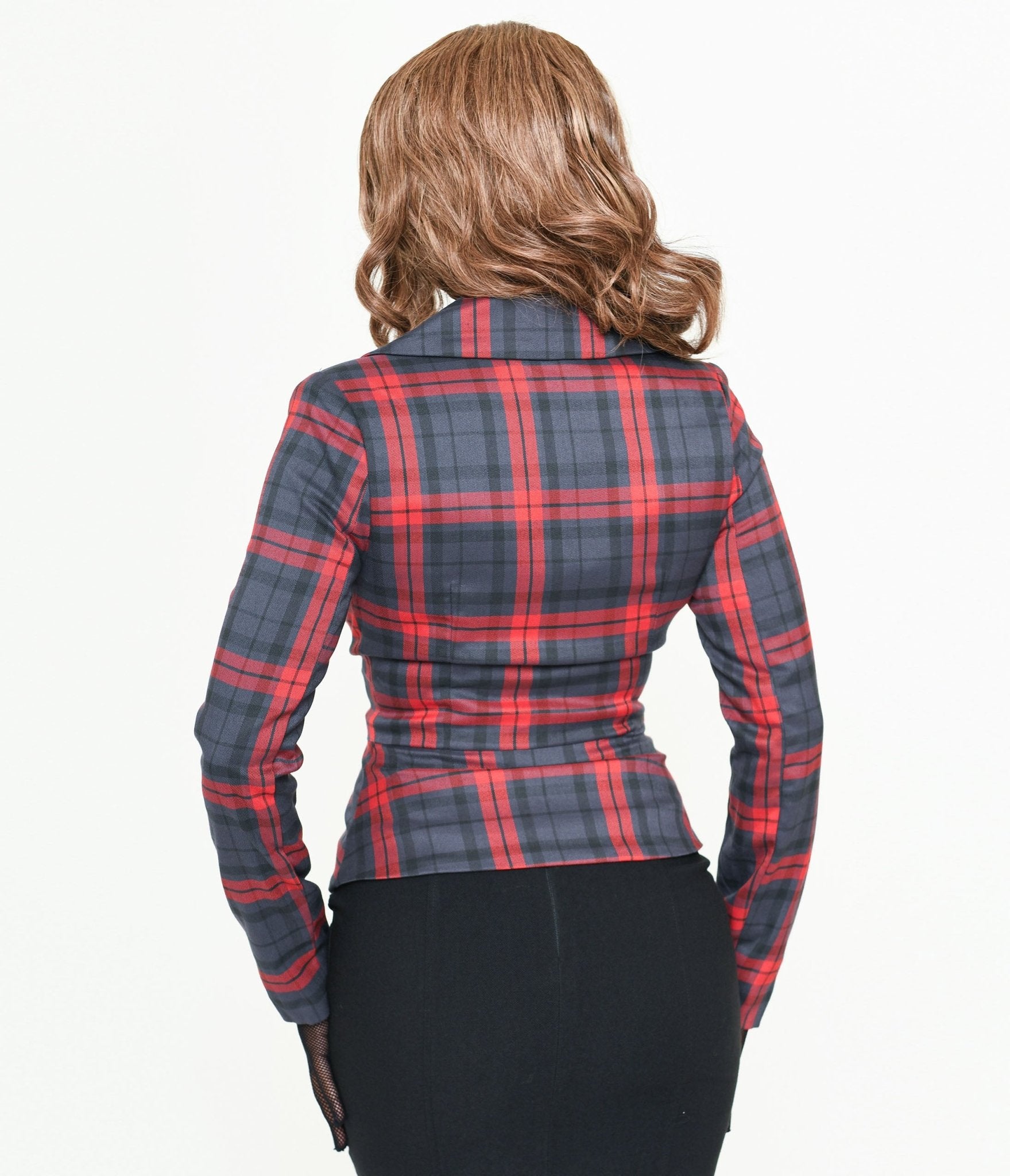 Stylish Collectif Grey & Red Plaid Halle Blazer for Women - Perfect for Office, Parties & Fall Fashion | Vintage-Inspired Jacket with Pockets