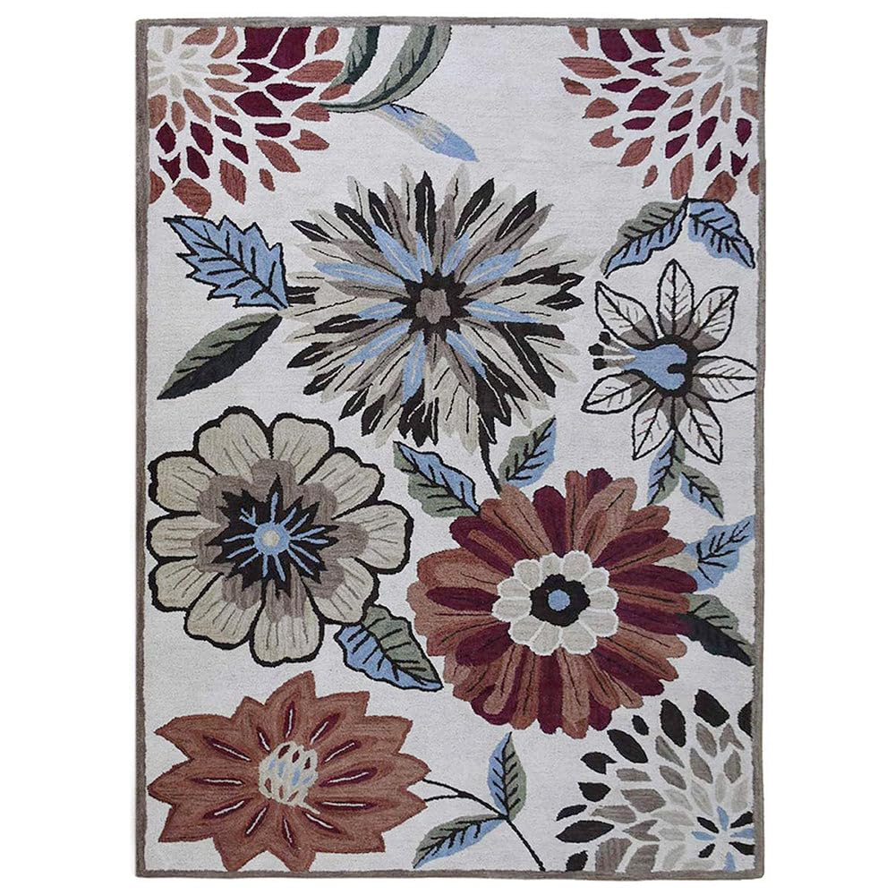 Hand Tufted Wool Eco-Friendly Area Rugs 5'x8' Rectangle - Cream Floral Modern Design High Pile Thick Handmade Non-Slip Rug for Living Room Bedroom Home Decor (K03066) | Perfect for Cozy Living Spaces, Bedroom Accents & Home Styling