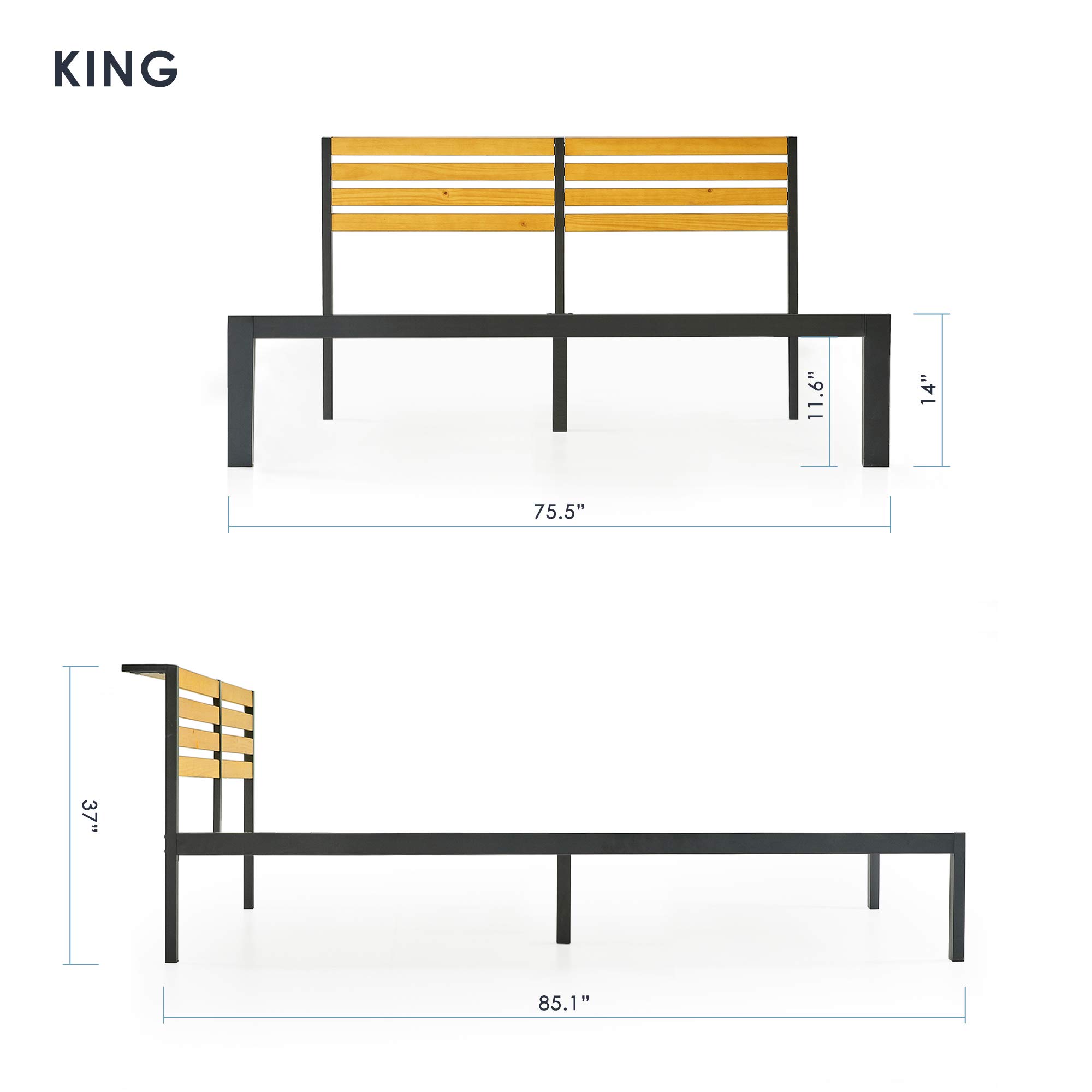 Solid Pine Wood Mellow Kasi Metal Platform Bed with Panel Headboard Shelf - King Size Easy Assembly Bed Frame (SHPB-KAK) | Perfect for Modern Bedrooms, Guest Rooms & Small Spaces