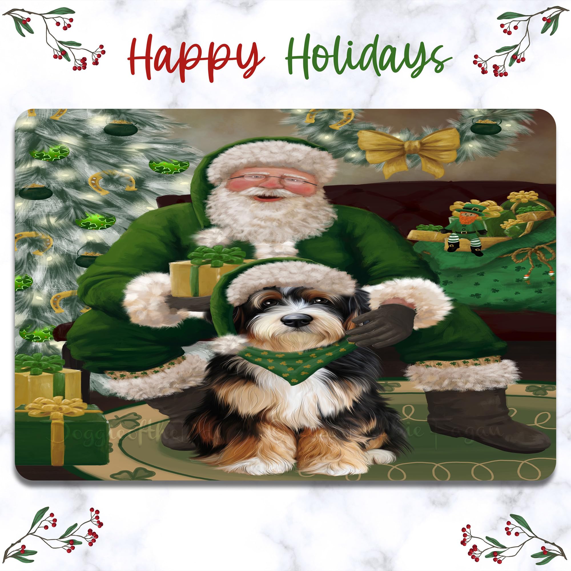 Christmas Irish Santa with Gift and Bernedoodle Dog Area Rug - Ultra Soft Cute Pet Printed Floor Carpet - Unique Style Decorative Rug for Dog Lovers - Perfect for Living Room, Bedroom, or Pet Play Area - 10'x3'3'' Indoor Gift
