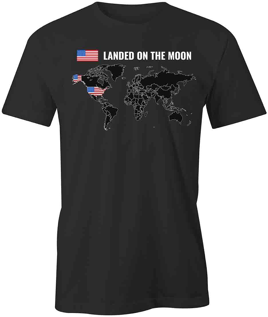 America Landed On The Moon Graphic T-Shirt - Black Space Exploration Printed Tee for Men & Women | Casual Wear, Space Enthusiast Gift, NASA Fan Apparel