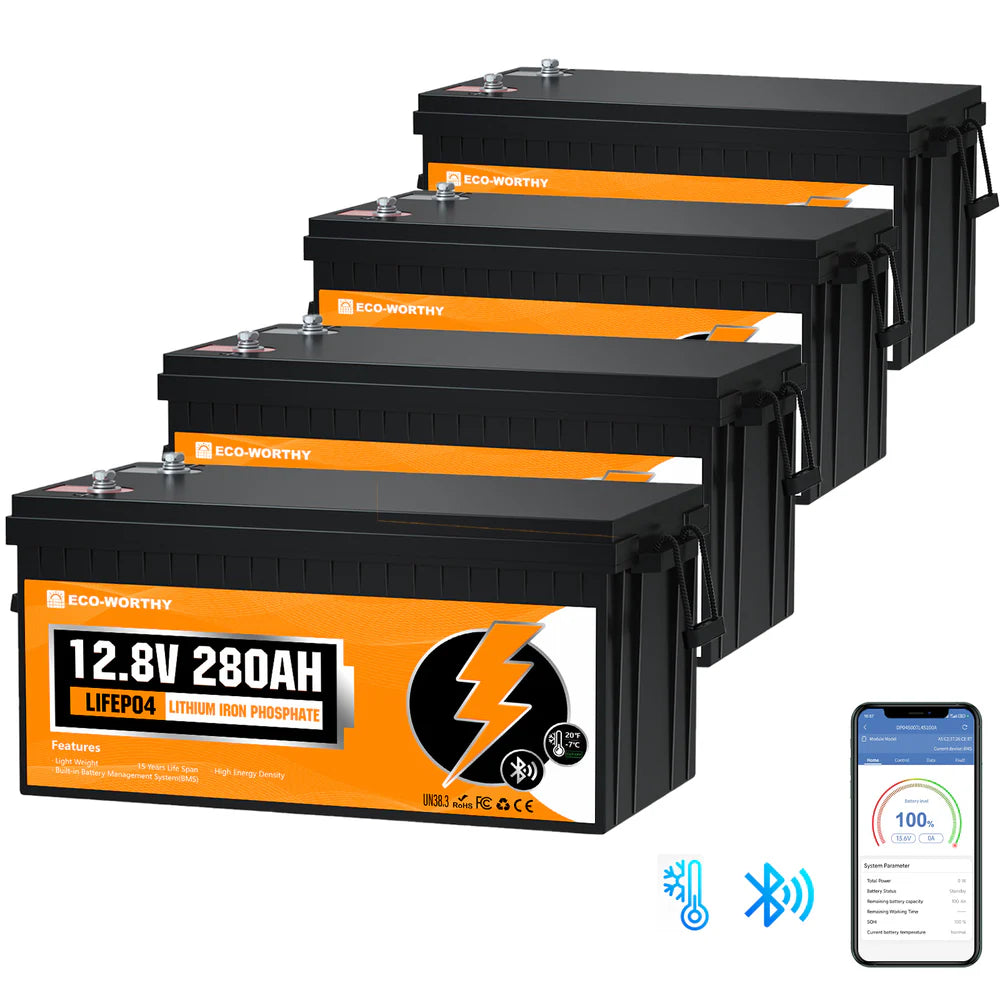 ECO WORTHY 12V 280Ah LiFePO4 Lithium Iron Phosphate Battery with Bluetooth - Perfect for Solar Power Systems, RVs, Marine Applications & Off-Grid Energy Storage