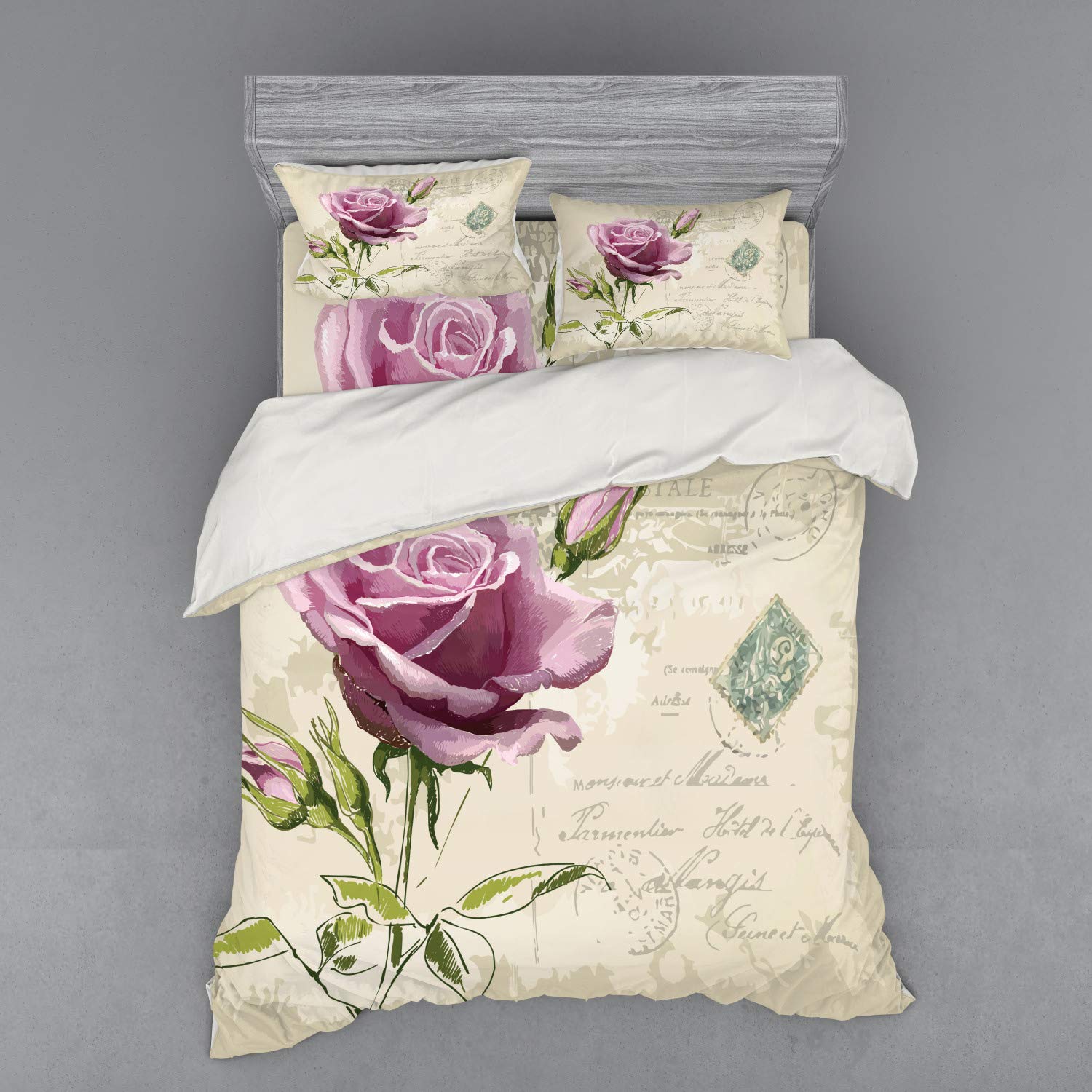 Ambesonne Vintage Rose Duvet Cover Set - 4 Piece Queen Size Bedding with Hand-Drawn Floral Print in Tan, Pale Pink & Green | Perfect for Bohemian Bedroom Decor, Guest Room Makeover & Romantic Home Styling