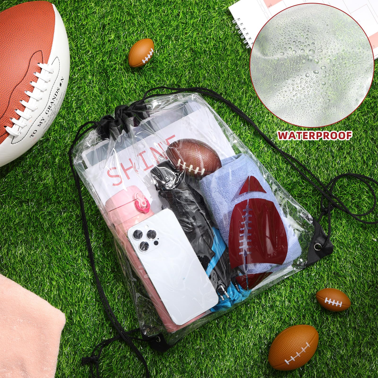 12 Pack Clear Football Drawstring Backpacks - 17x13 Inch Waterproof Plastic Sports Bags for Party Favors, Gym & Stadium Events | Team Gifts, Goodie Bags & Game Day Essentials