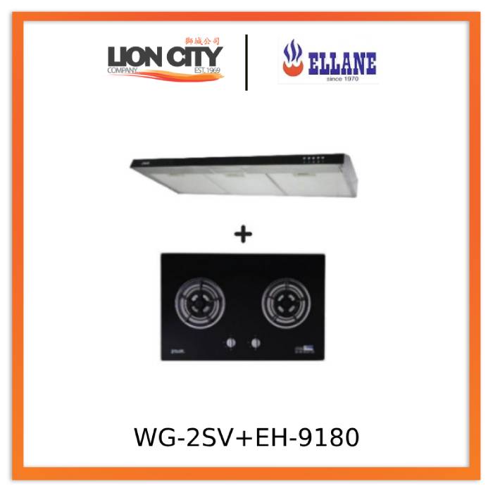Ellane 60cm/90cm Slimline Hood with Black Panel EH 9180 + Ellane WG 2SV 80cm 2 Burner Glass Gas Cooker - Modern Kitchen Range Hood & Gas Stove for Home Cooking & Professional Chefs