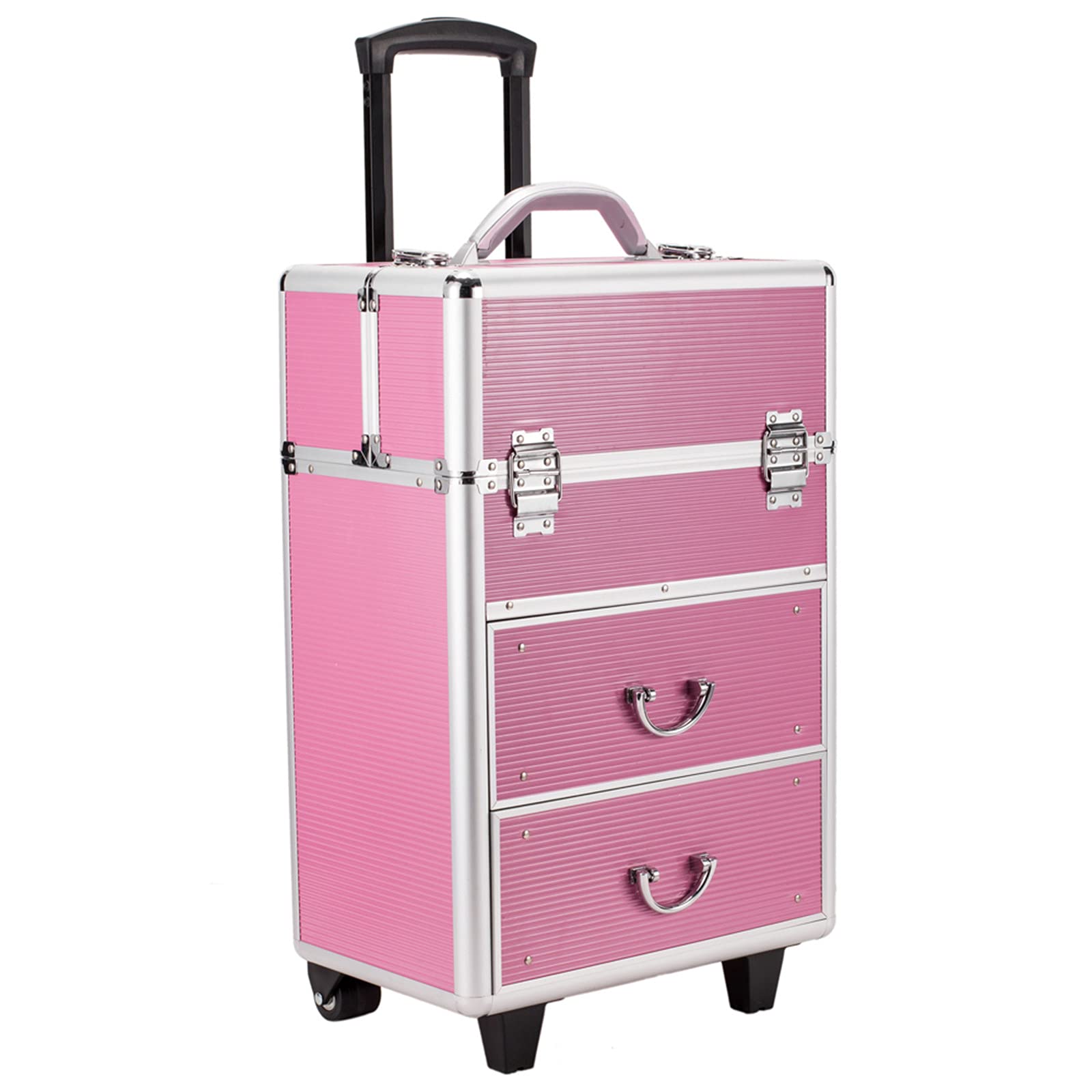 4-Tier Lockable Cosmetic Makeup Train Case with Extendable Trays - Pink Organizer for Professional Makeup Artists & Travel | Portable Beauty Storage for Salon, Home & On-the-Go Use