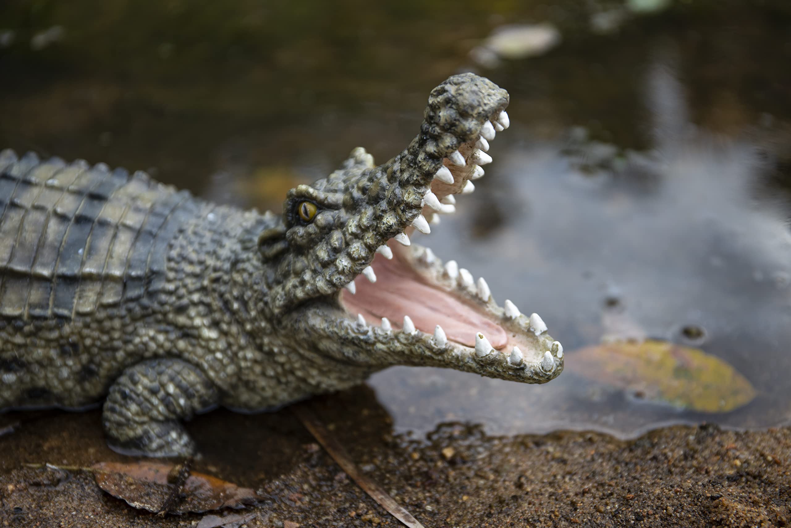 Realistic Crocodile Statue - Open Mouth Green & Black Crocodile Figurine for Home Decor, Office Desk, or Garden Display