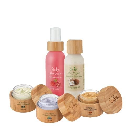 Shira Organic Face Essentials Set - Avocado Moisturizer 15ml, Blueberry Night Cream 15ml, Pomegranate Toner 89ml, Mango Butter Mask 15ml, Coconut Oatmeal Cleanser 89ml - Complete Skincare Routine for Dry & Sensitive Skin - Perfect for Daily Hydration & Night Repair