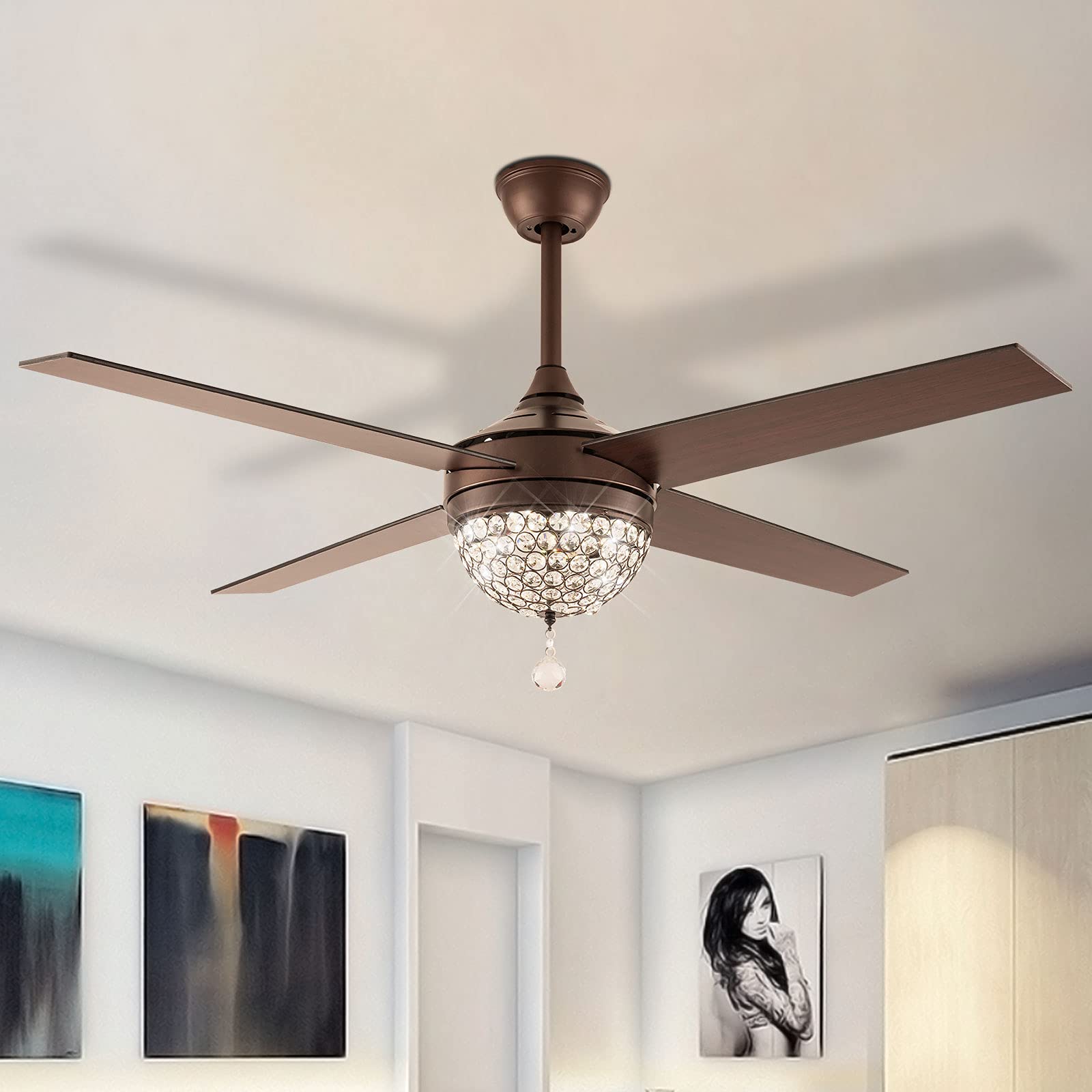 42 Inch Smart Ceiling Fan with Lights and Remote Control - Industrial Crystal Chandelier Style, 4 Wood Blades, 3-Color LED Lighting - Perfect for Living Room, Kitchen, Bedroom, and Farmhouse Decor
