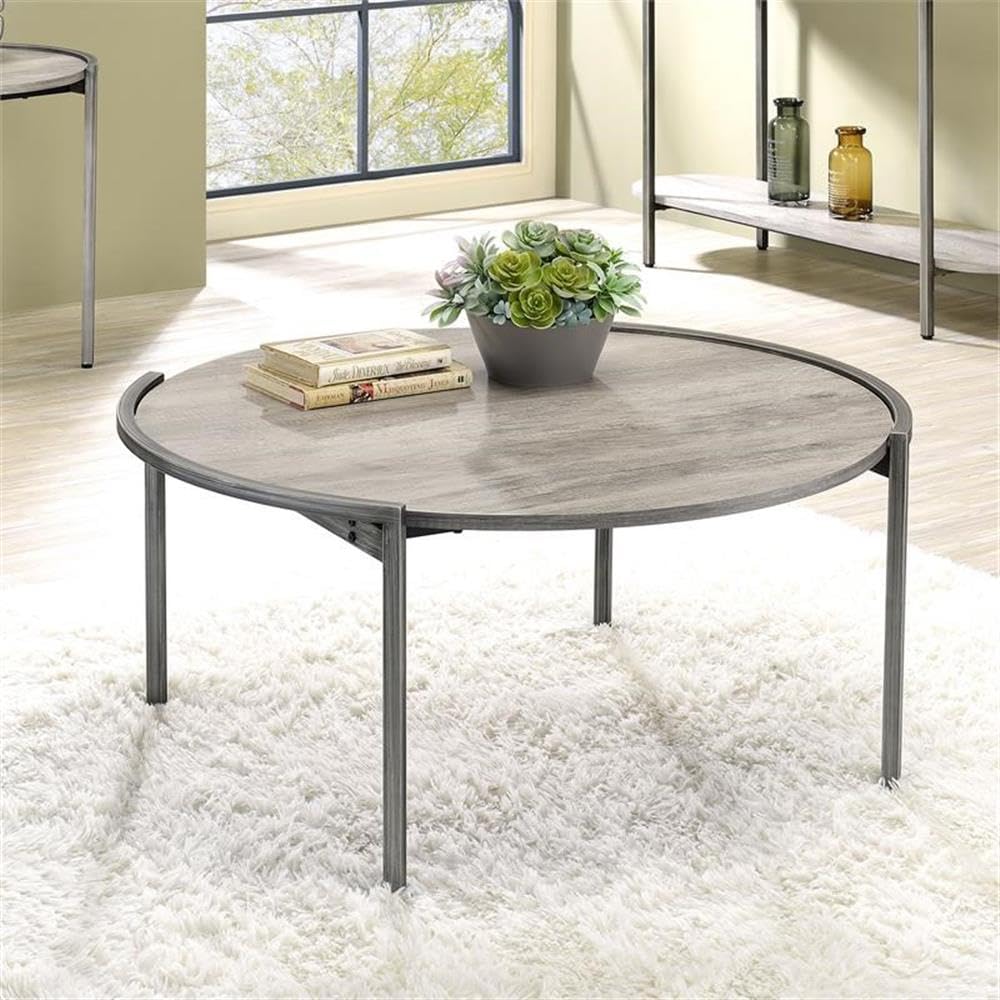 Furniture of America Mordicai Light Gray Metal Round Coffee Table - Perfect for Living Room, Lounge & Modern Home Decor