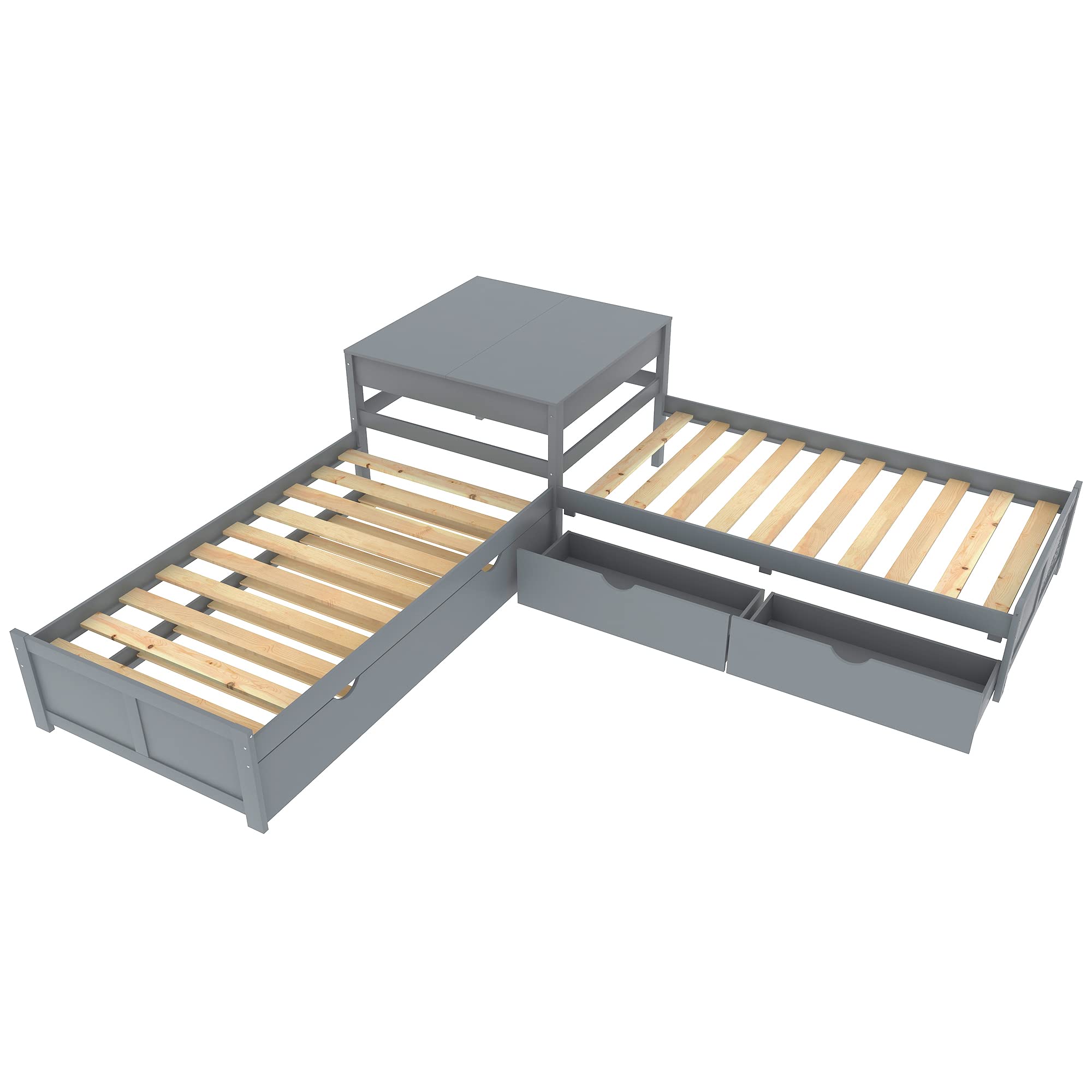 L-Shaped Twin Platform Bed with Trundle and Storage Drawers - Gray Wooden Corner Bed Frame with Built-In Desk for 3 People | Perfect for Small Bedrooms, Dorm Rooms & Shared Kids' Rooms