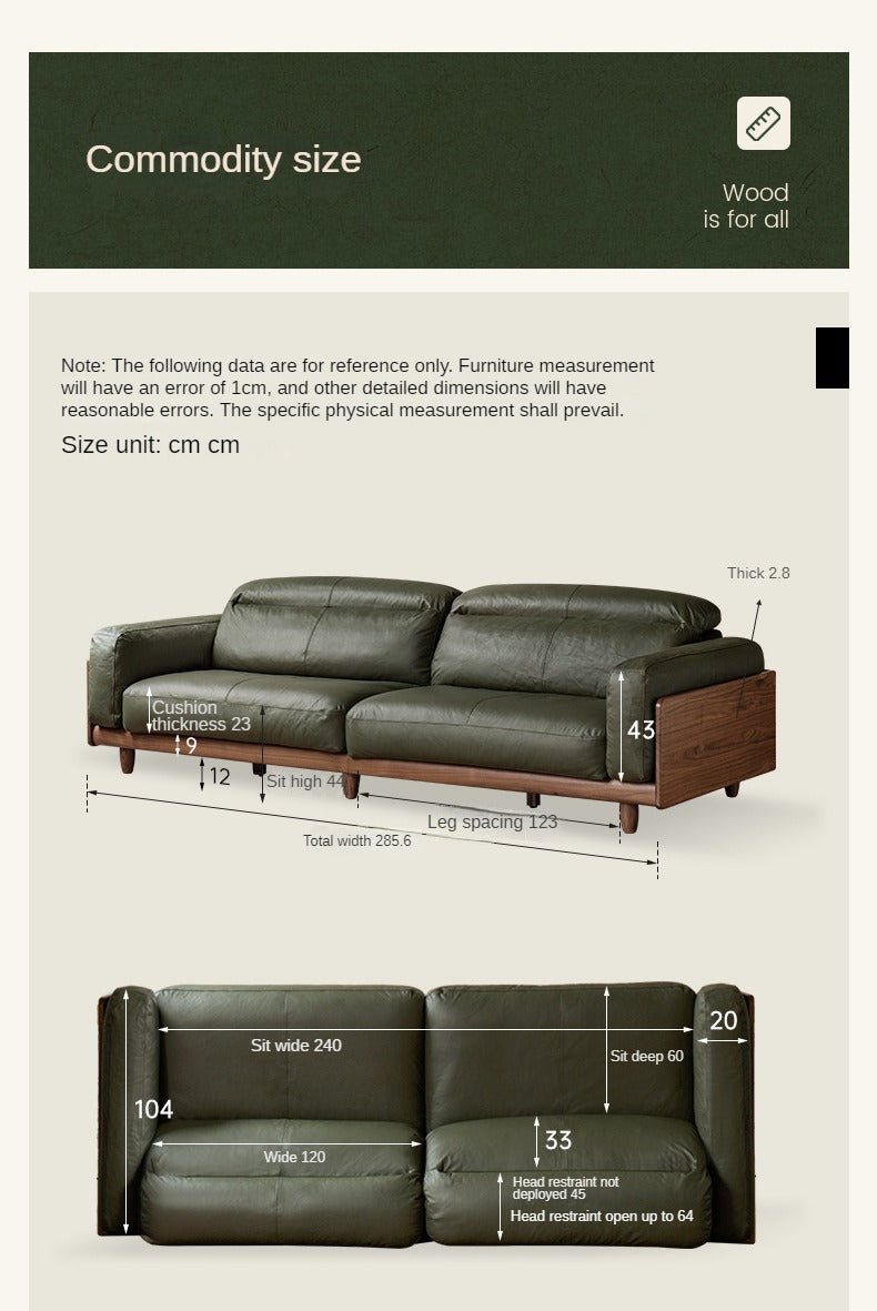 Premium Black Walnut Solid Wood Leather Sofa - Italian Modern Luxury Living Room Furniture for Home & Office Decor