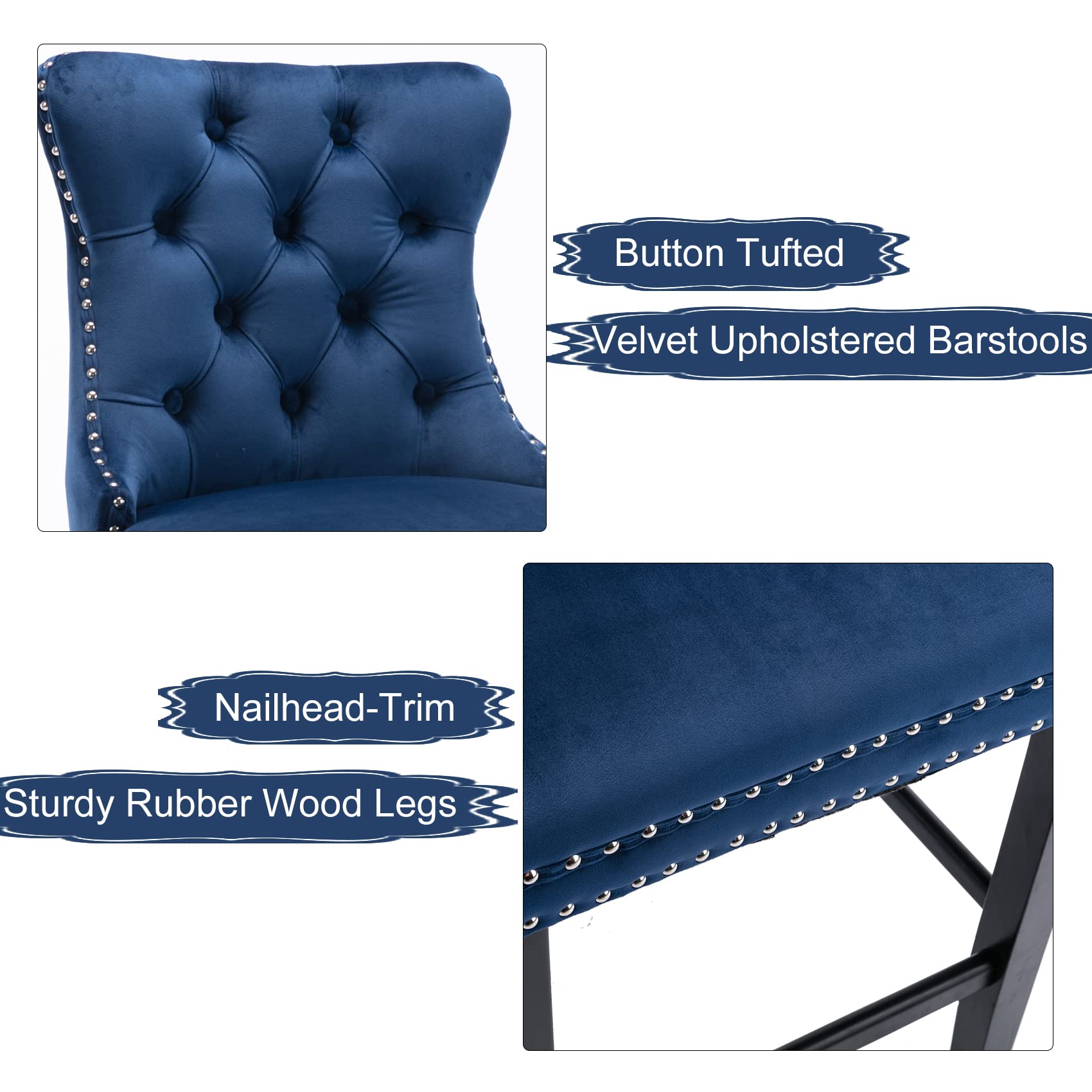 Velvet Bar Stools with Studs Trim & Wooden Legs - Tufted Dining Chairs for Kitchen Counter, Breakfast Nook & Home Bar Decor