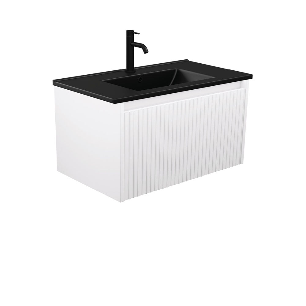 Fienza TCLB75RW 750 Dolce Matte Black & Alina Satin White Wall-Mounted Bathroom Vanity Set - Modern Floating Vanity with Sink for Small Bathrooms & Powder Rooms