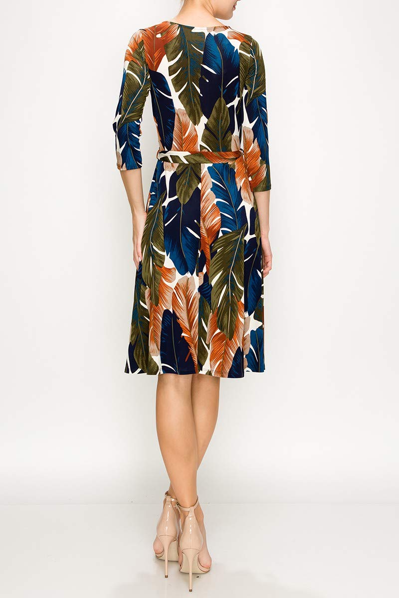 Women's Olive Green 3/4 Sleeve Faux Wrap Midi Dress - Made in USA, Knee Length Summer Wedding Guest Dress for Bridal Party, Baby Shower & Maternity Nursing - Perfect for Garden Weddings, Cocktail Parties & Special Occasions