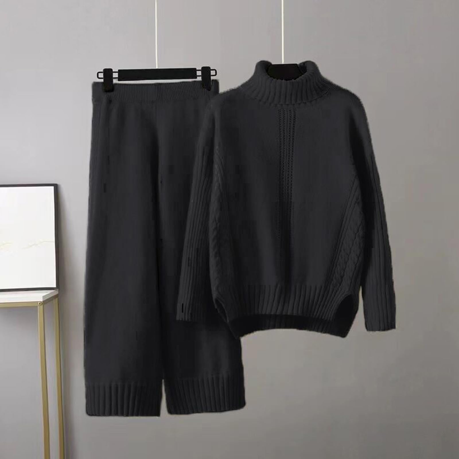 Women's 2-Piece Knitted Lounge Set - Long Sleeve Sweater Top & Pants Comfy Outfit for Autumn Winter | UK Size | Cozy Home Wear, Sleepwear & Casual Pajama Sets for Relaxing at Home
