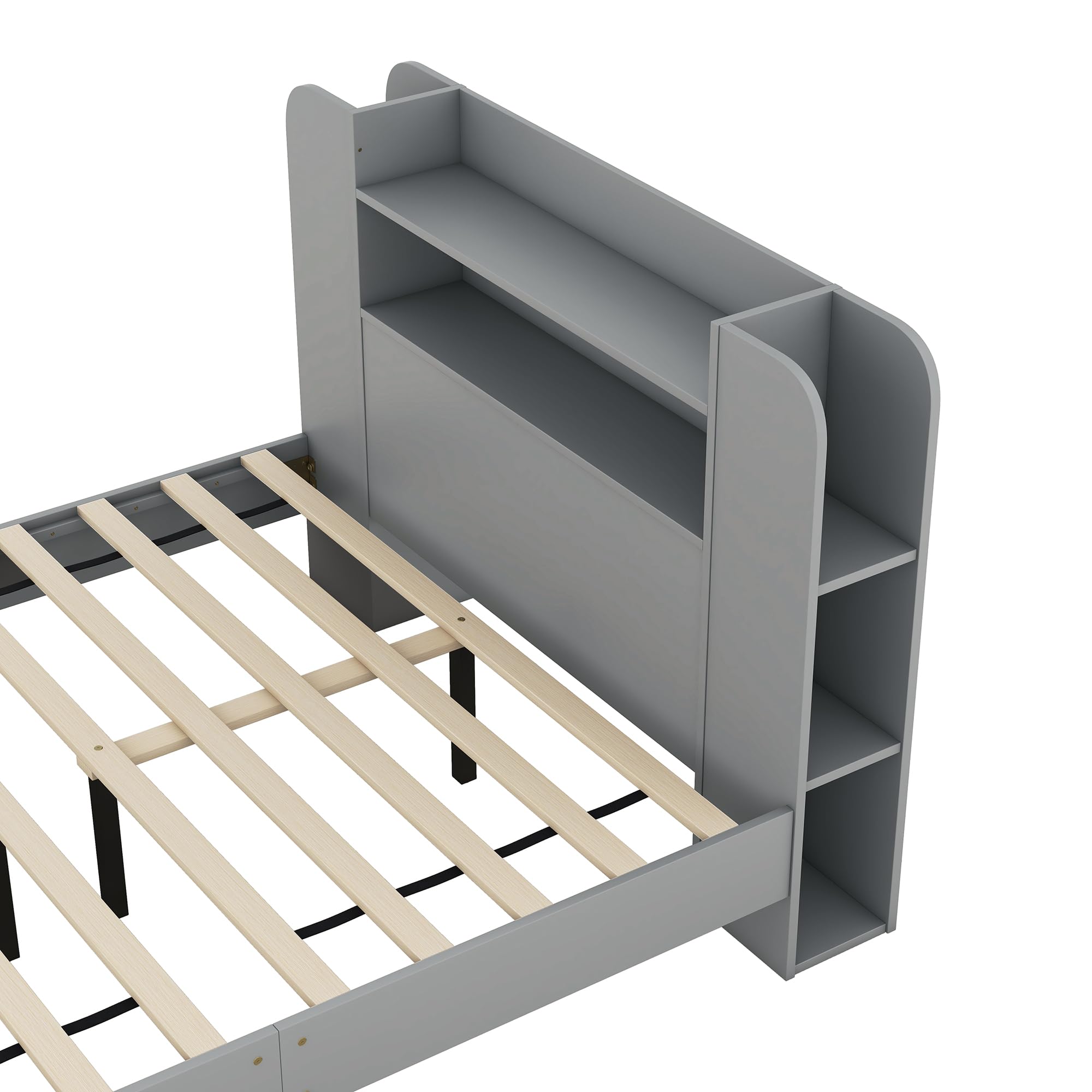 Full Size Wooden Platform Bed Frame with Storage Headboard & Shelves - Grey Kids Bed for Boys & Girls - Perfect for Small Bedrooms, Dorm Rooms & Space-Saving Storage Solutions