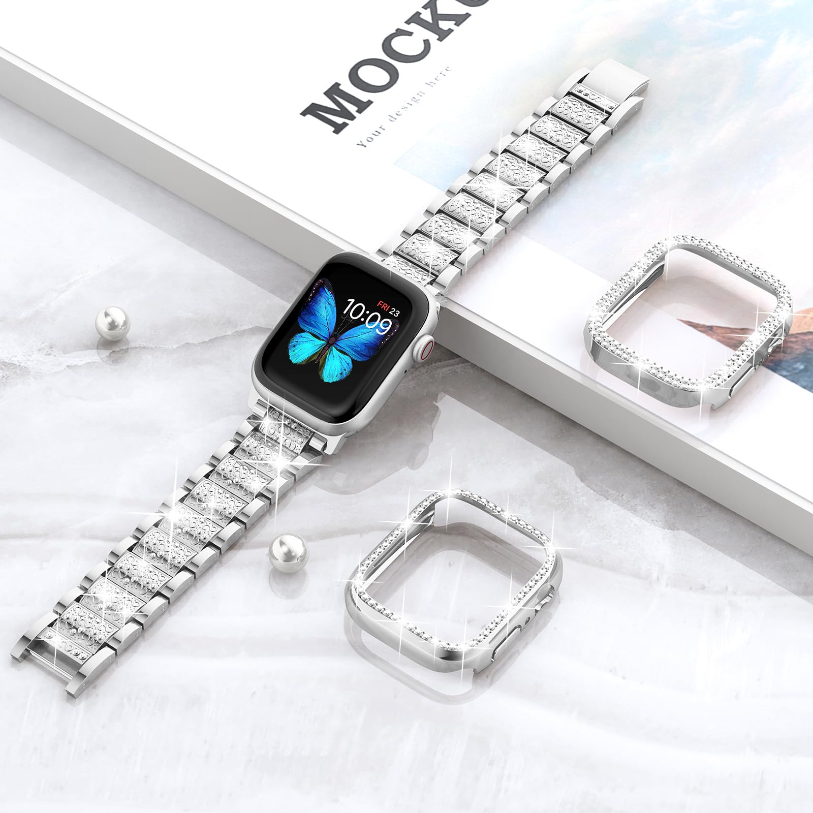 SUPOIX Luxury Bling Diamond Metal Band & 2 Pack Protective Case for Apple Watch Series 9/8/7 45mm - Elegant Jewelry Watch Strap for Women with Durable Cover (Silver) | Perfect for Daily Wear, Workouts & Special Occasions