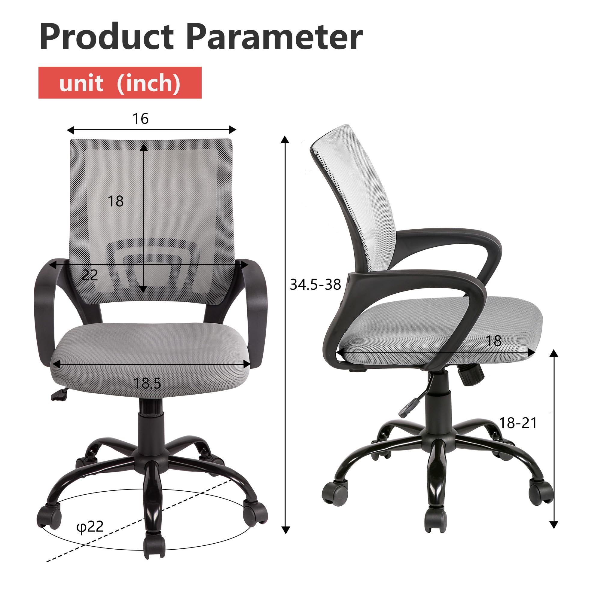 Ergonomic Office Chair with Lumbar Support - Adjustable Mid Back Computer Desk Chair, Rolling Swivel Task Chair for Home Office - Comfortable & Affordable (Grey) | Perfect for Remote Work, Gaming, and Long Hours at Your Workspace