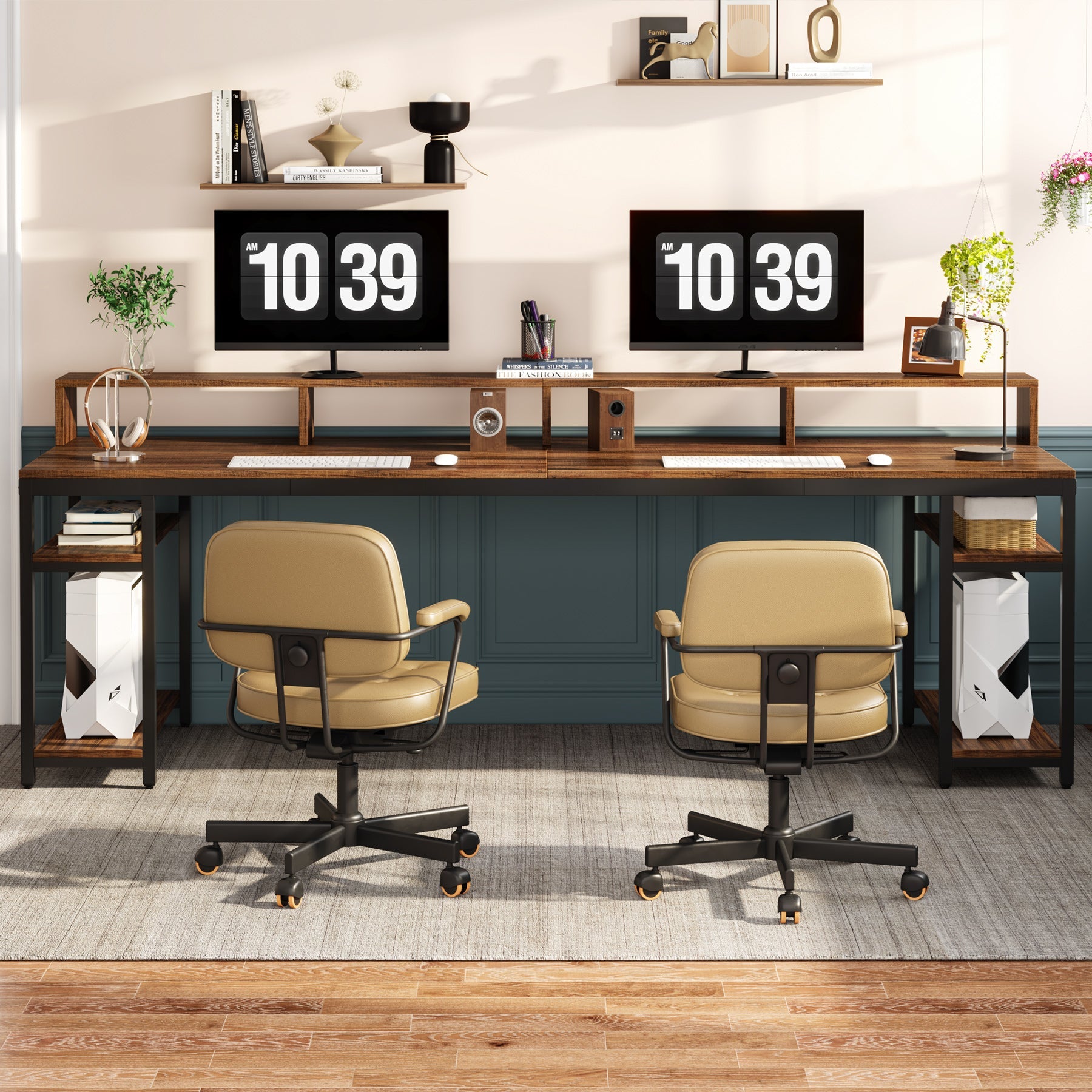 Two Person Desk - 78.7 Inch Large Computer Desk with Monitor Stand & 4 Open Shelves for Home Office, Gaming Setup, and Workspace Organization