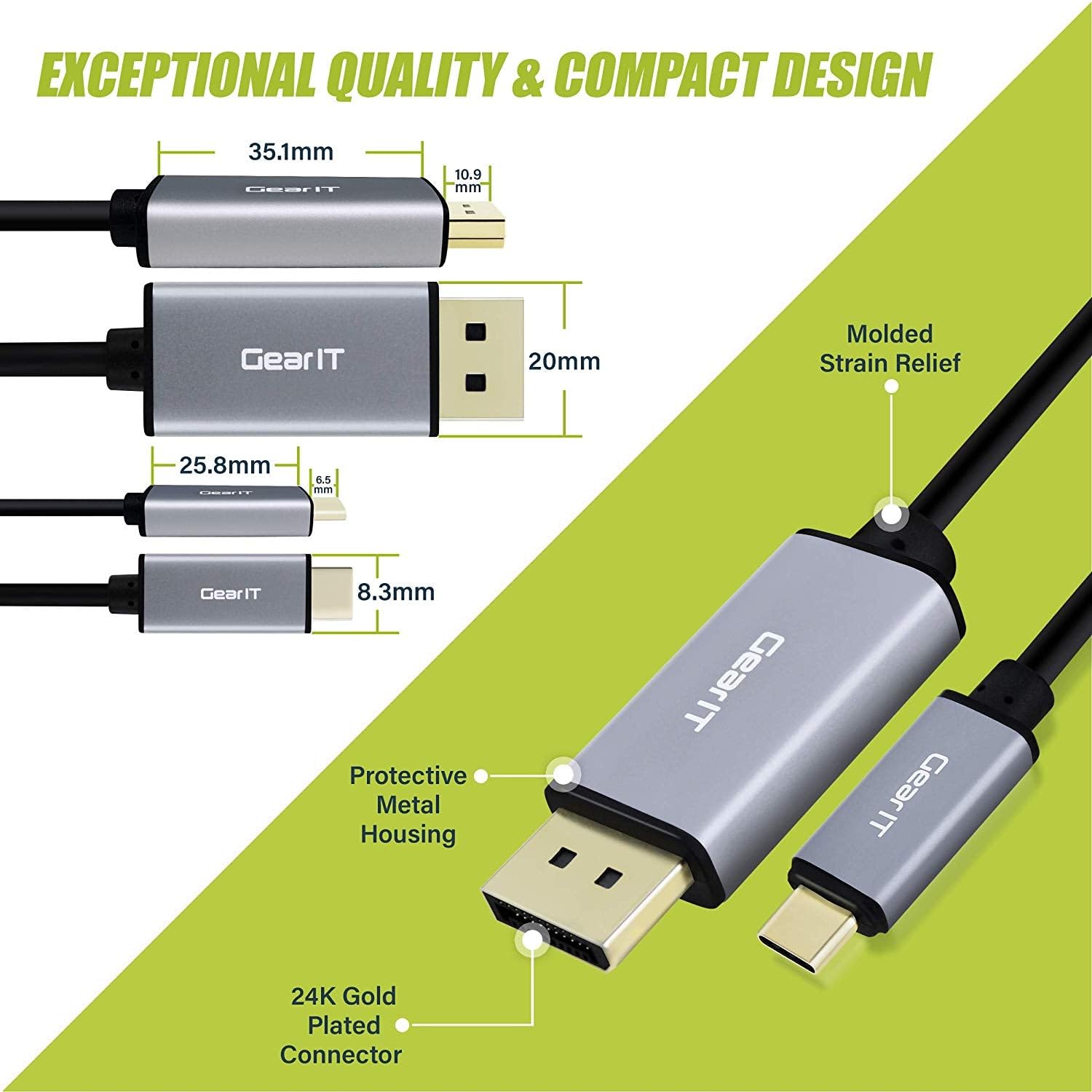 GEARit 3ft USB-C to DisplayPort Cable 4K@60Hz - Thunderbolt 3 Compatible for MacBook Pro/Air, iPad Pro, Surface Book 2 - High-Speed Video & Audio Transmission - Perfect for Home Office, Gaming & Multimedia Presentations
