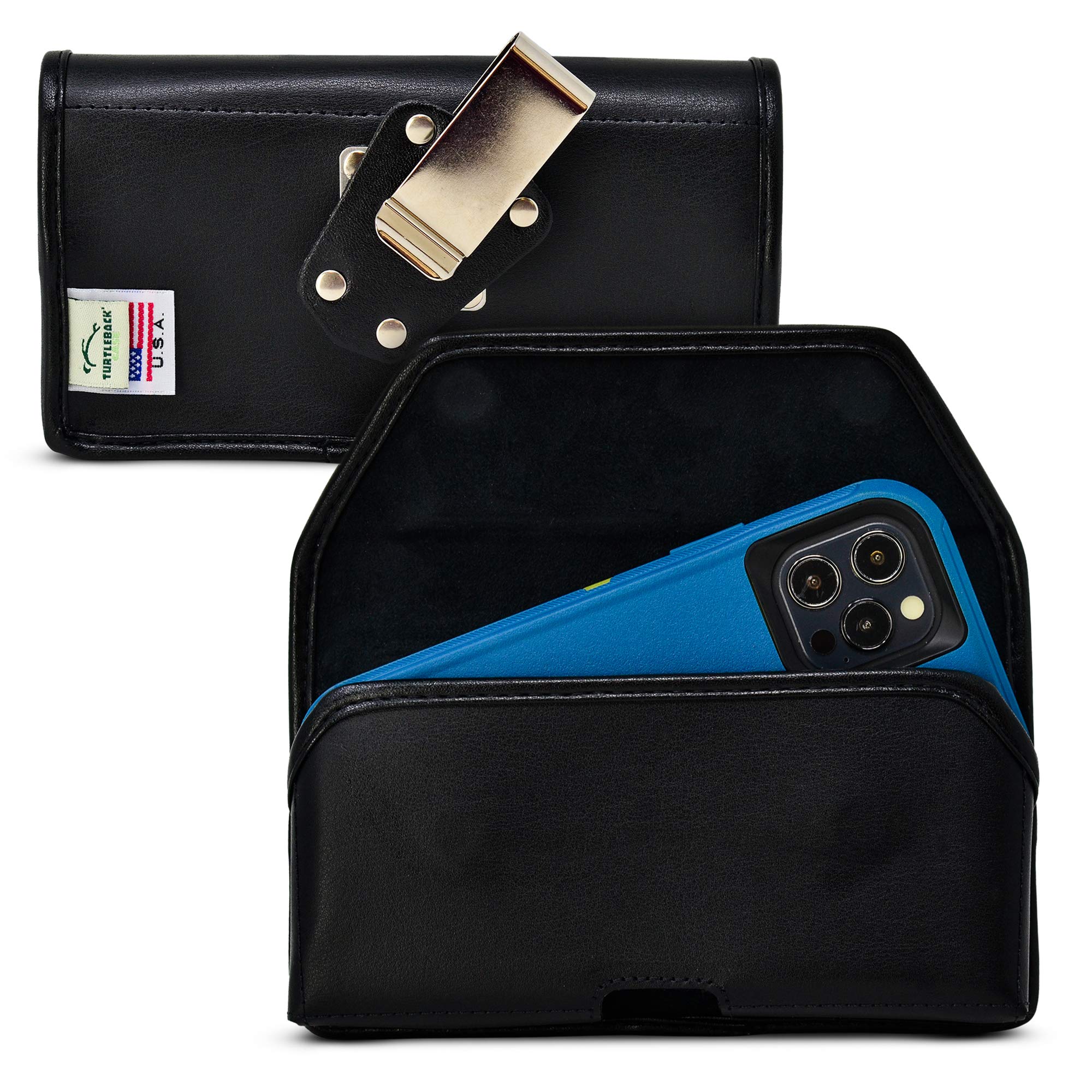 Premium Leather Phone Holster for iPhone 14/14 Pro/13/13 Pro/12/12 Pro - Black Belt Clip Phone Holder with Metal Clip - Fits Bulky Cases - Perfect for Hiking, Running & Outdoor Activities
