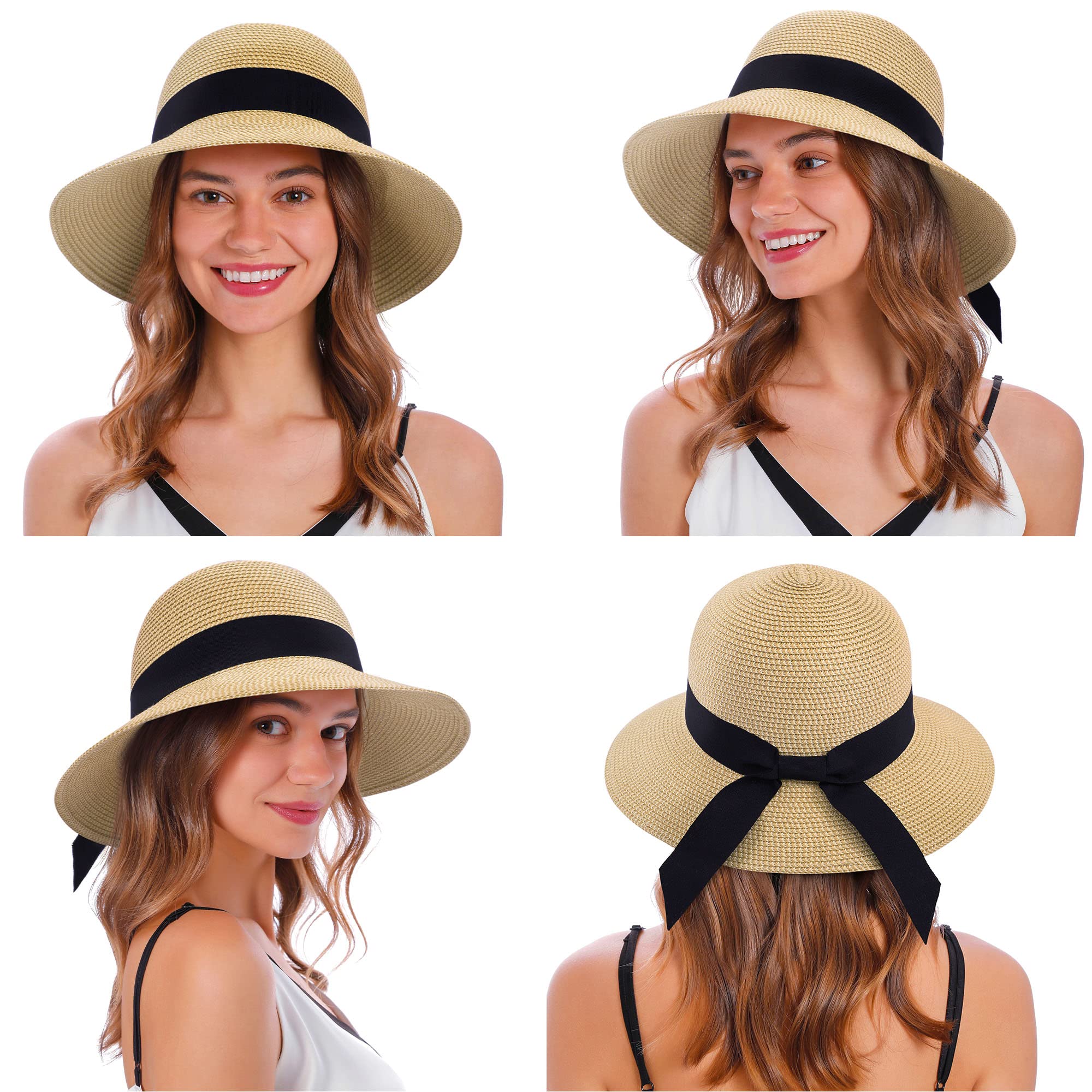 Women's Wide Brim Sun Hat with UPF 50+ UV Protection - Foldable Packable Straw Beach Hat for Summer Outdoor Activities, Travel, Gardening & Vacation