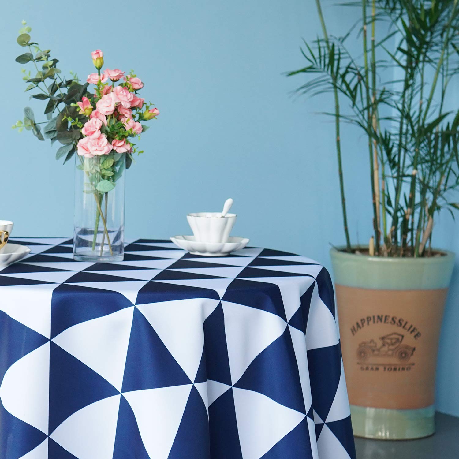 Premium Polyester Tablecloth - 70'' Round Blue & White Triangle Design, Easy Washable & Wrinkle-Resistant for Kitchen, Dining, Patio, Garden - Perfect for Indoor & Outdoor Use, Parties, Picnics, and Daily Dining
