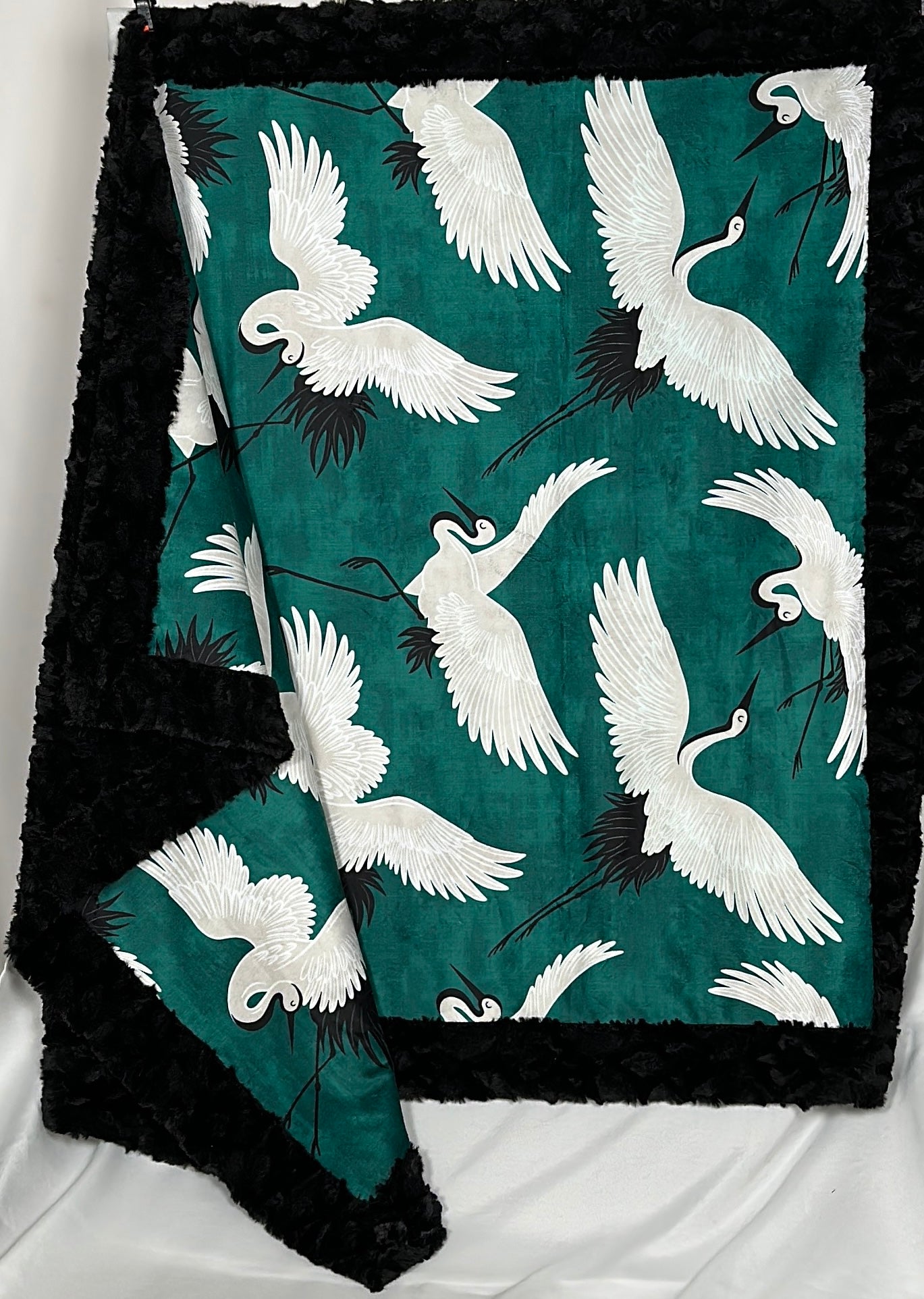Premium Cranes Emerald on Black Tuscany 55x77 Large Blanket - Ultra Soft Spoonflower Quality Fabric - Perfect for Sofa, Bed & Home Decor