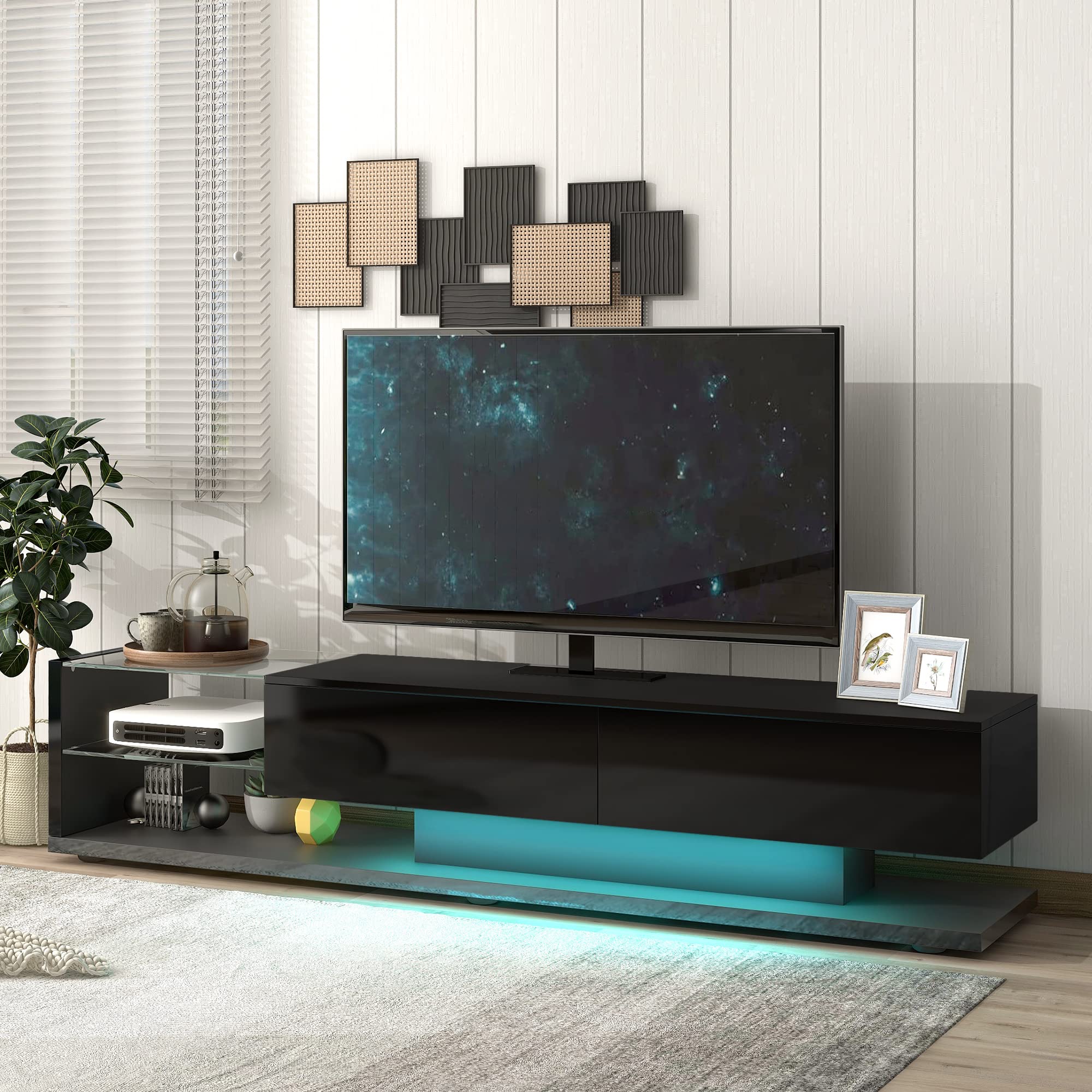 Modern Wood TV Stand for 75 Inch TVs - 16-Color LED Lights, Entertainment Center with DVD Shelf - Perfect for Living Room & Bedroom (Black) - Enhance Your Home Theater Experience