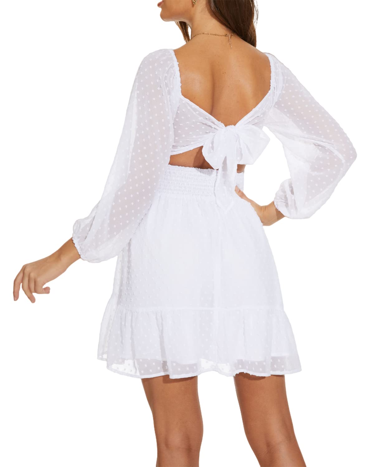 Square Neck Mini Dress for Women 2023 - Puff Sleeve Tie Back A-Line Dress with Elastic Waist | Summer Party, Date Night, Cocktail & Casual Wear