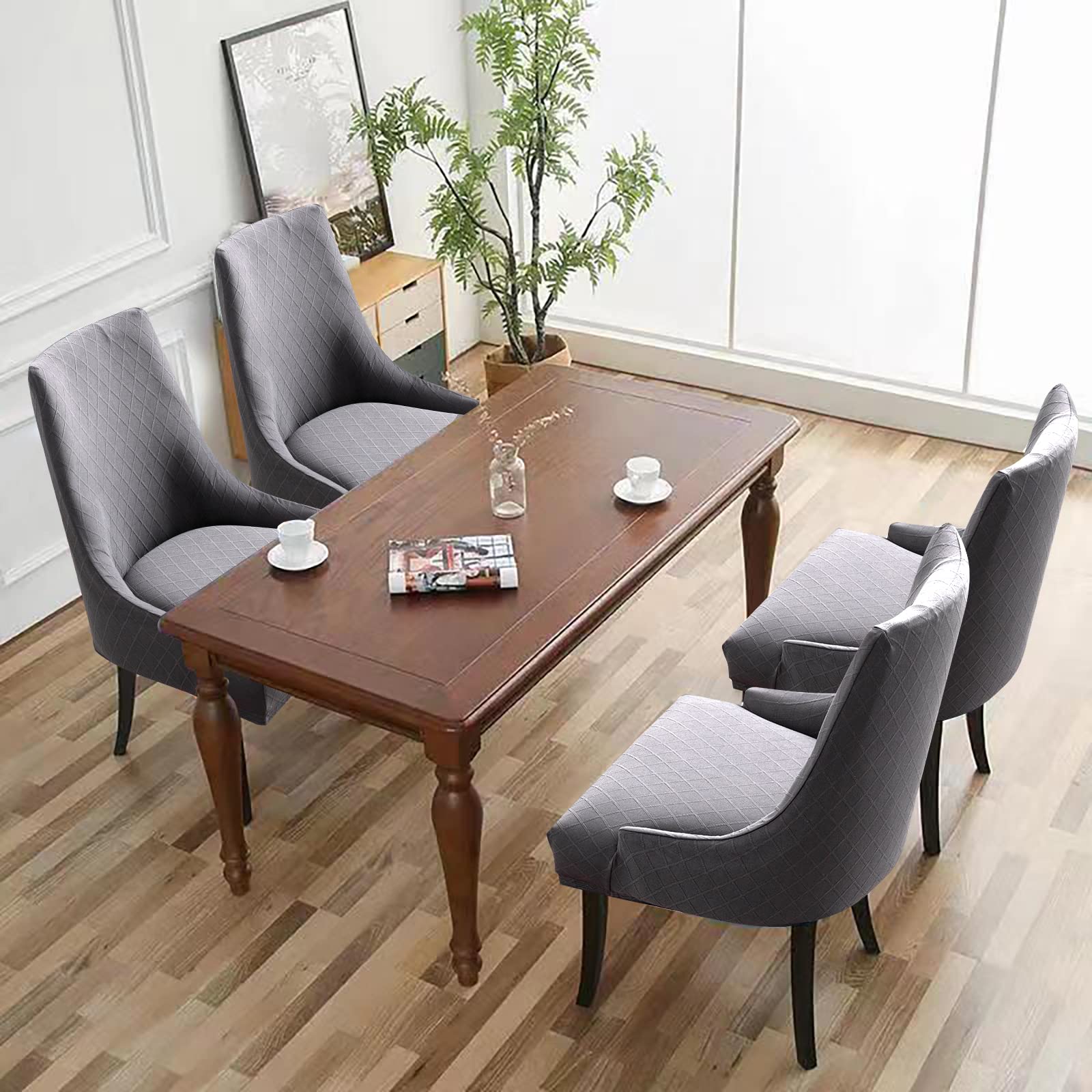 Stretch Rhombic Geometric Wingback Chair Slipcovers - Washable & Reusable Armchair Protector Covers for Dining Room, Living Room, Office (Light Grey, Set of 2) | Home Decor & Furniture Protection