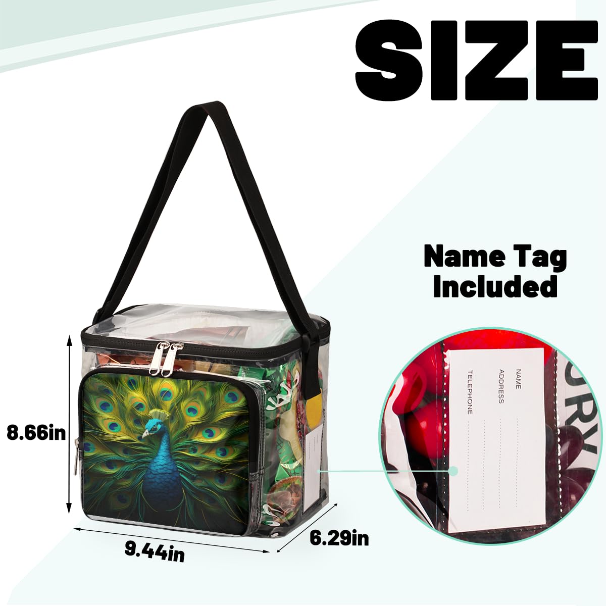 GzLeyigou Peacock Feather Design Clear Tote Bag with Handles - Transparent Crossbody Shoulder Bag for Lunch, Outdoor, Travel, Picnic, Concerts & Sports Events - Stadium Approved Multi-Purpose Carryall for Women's Fashion Accessories