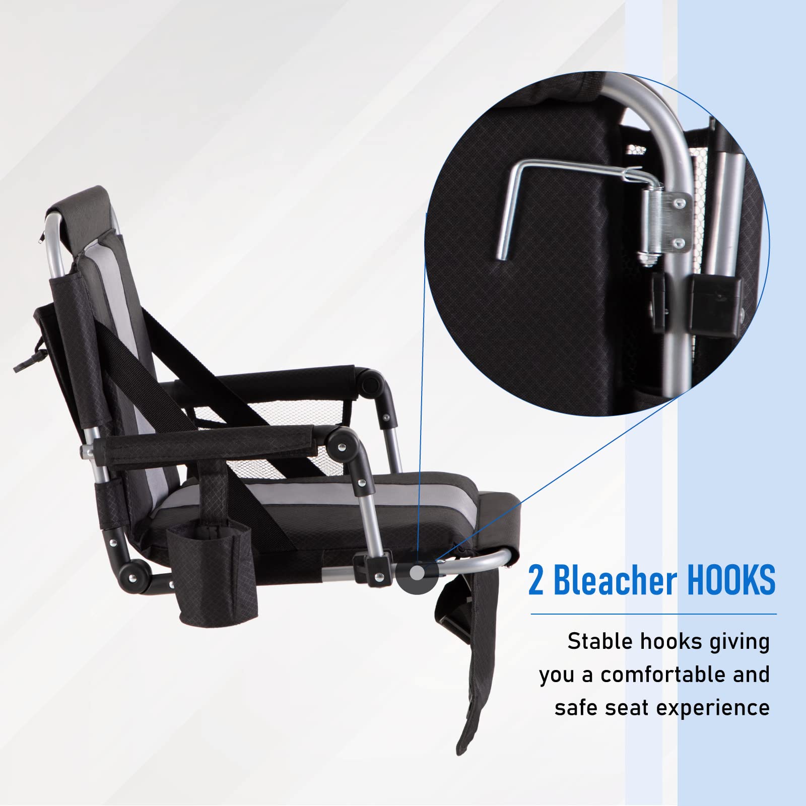 Portable Stadium Chair with Armrest & Back Support - Folding Bleacher Seat for Outdoor Events, Sports Games & Concerts - Includes Cup Holder, Mesh Storage Bag & Hide Hooks - Perfect for Football, Baseball, Camping & Picnics