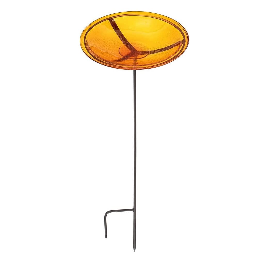14-inch Crackle Glass Birdbath Bowl with Metal Stake - Outdoor Garden Decor for Birds, Decorative Yard Ornament for Patio, Lawn & Backyard Bird Watching