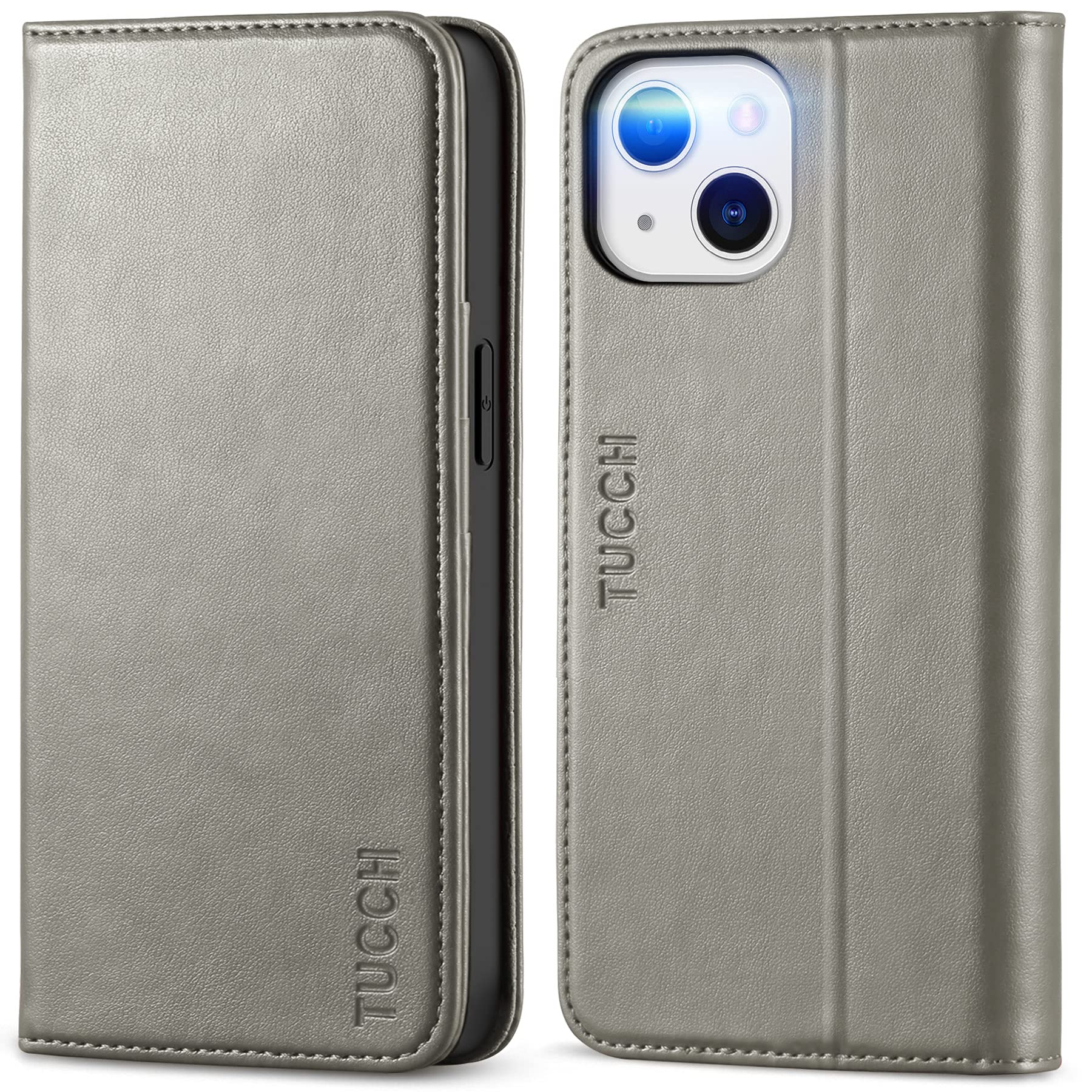 Premium TUCCH PU Leather Wallet Case for iPhone 13 (6.1-inch 2021) - Shockproof Folio Cover with Card Slots & Kickstand | Slim Book Design with TPU Interior Protection | Perfect for Business, Travel & Daily Use (Grey)