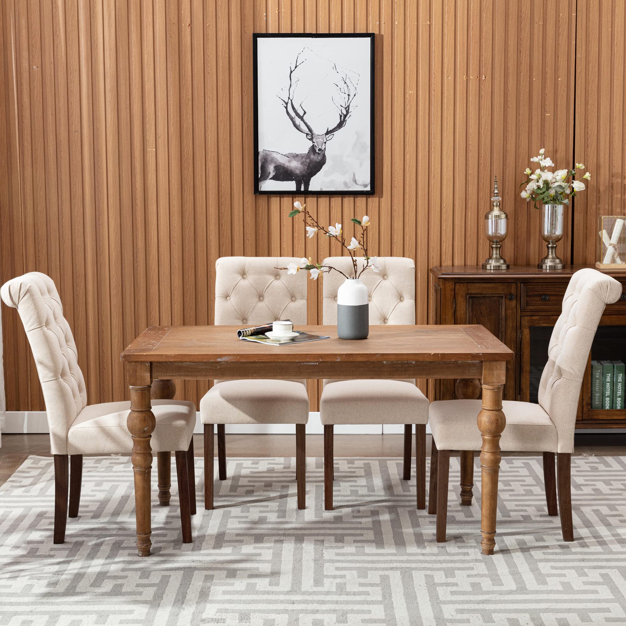 COLAMY Button Tufted Dining Chairs Set of 6 - Upholstered Fabric Parsons Chairs with Solid Wood Legs & Padded Seats for Dining Room & Kitchen - Dark Beige | Perfect for Family Dinners, Entertaining Guests & Stylish Home Decor