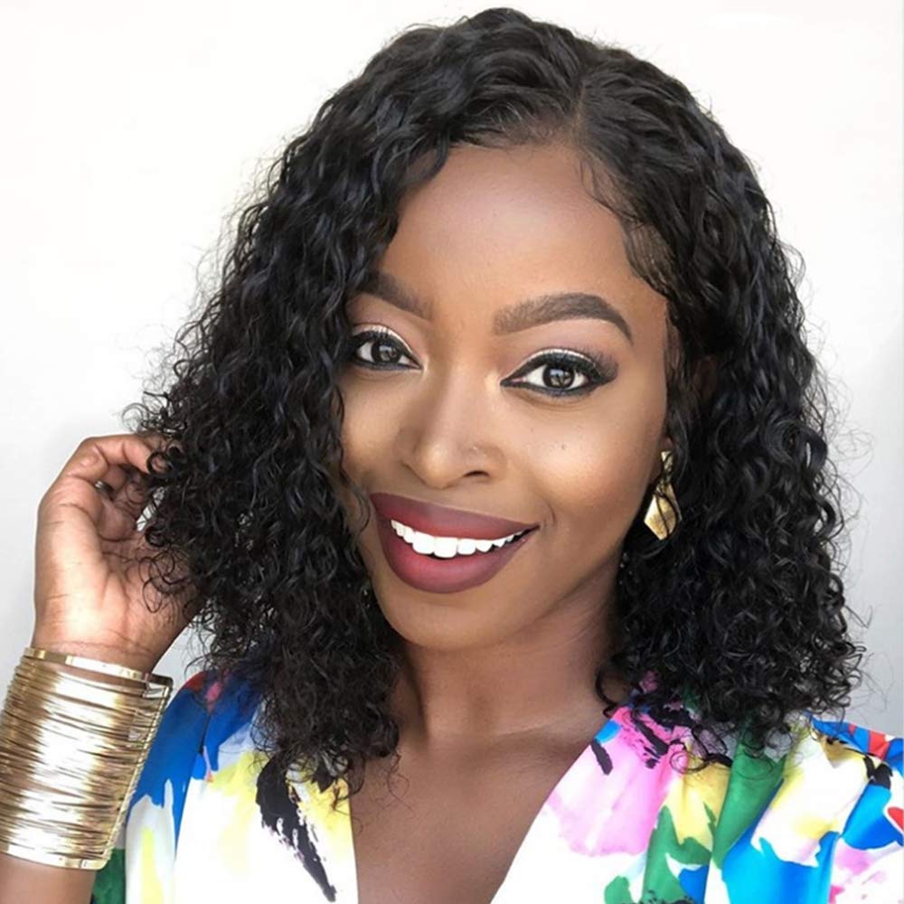 360 Kinky Curly Brazilian Human Hair Wig 10A Short Bob Wigs for Black Women with Baby Hair - 360 Lace Frontal Wig, Natural Color, Small Cap, 10