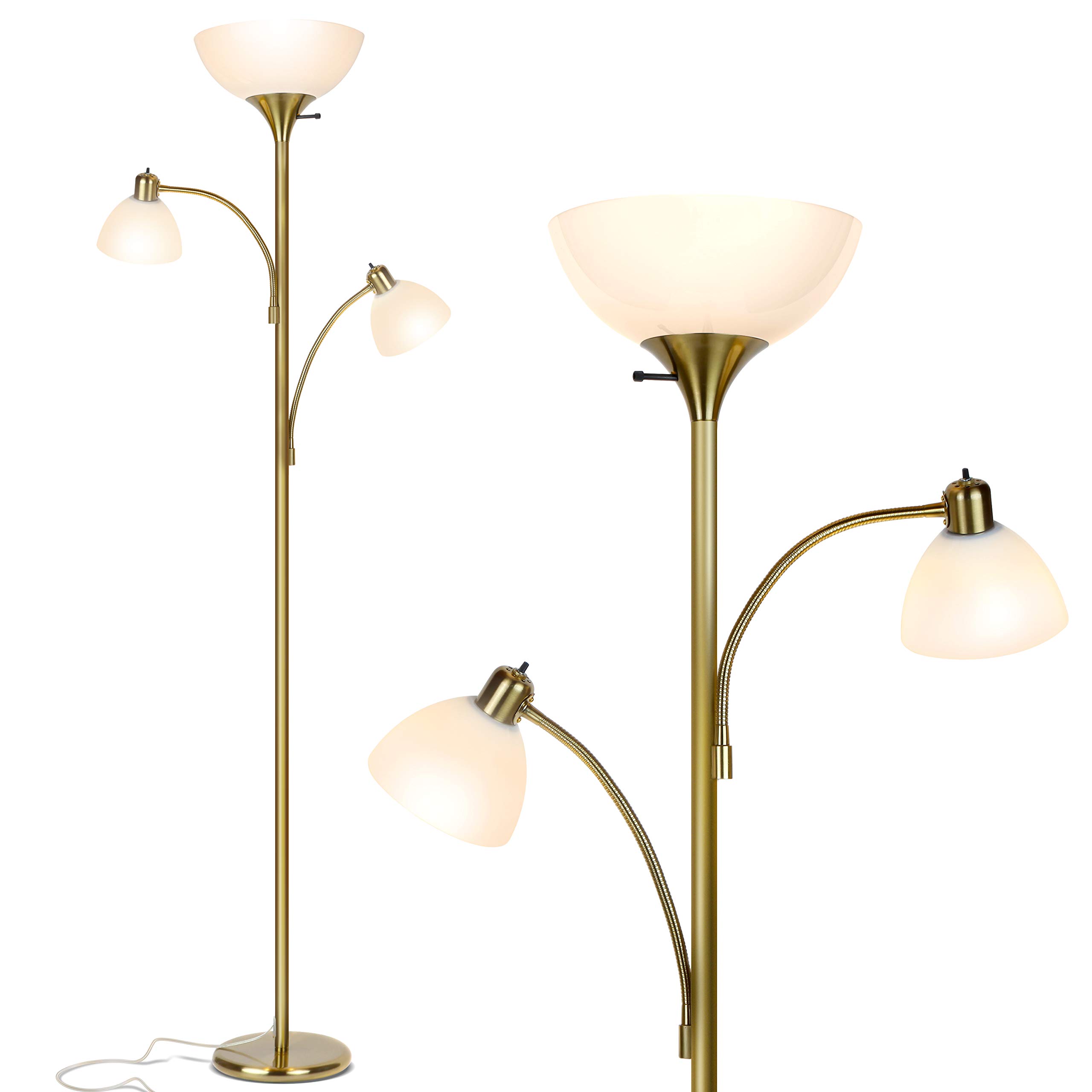 Brightech Sky Dome Double LED Floor Lamp - Super Bright Torchiere with 2 Adjustable Reading Lights for Living Room, Office & Bedroom - Dimmable Tall Standing Lamp with Brass Pole - Perfect for Reading, Working & Ambient Lighting